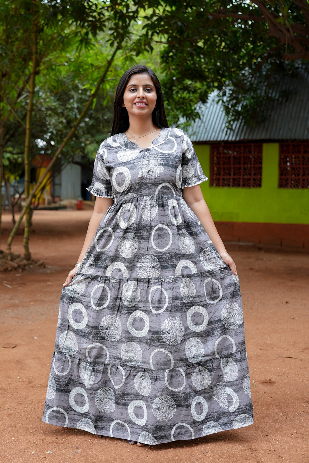 Mangai 3 Layer Flared Frock Model Nighties Soft and Smooth Premium Quality Rayon Material , Fancy Frilled Sleeve, Side Pocket , Back tie Rope , Stylish Collection's for Trendy Women's (MRK)