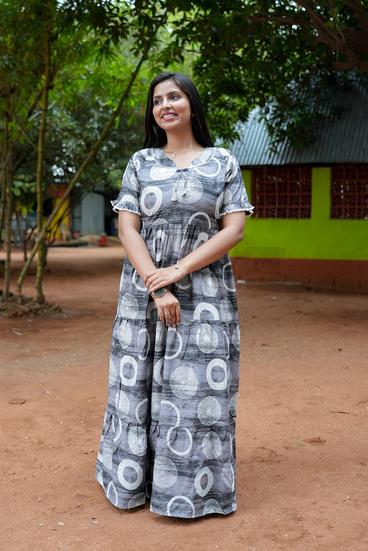 Mangai 3 Layer Flared Frock Model Nighties Soft and Smooth Premium Quality Rayon Material , Fancy Frilled Sleeve, Side Pocket , Back tie Rope , Stylish Collection's for Trendy Women's (MRK)