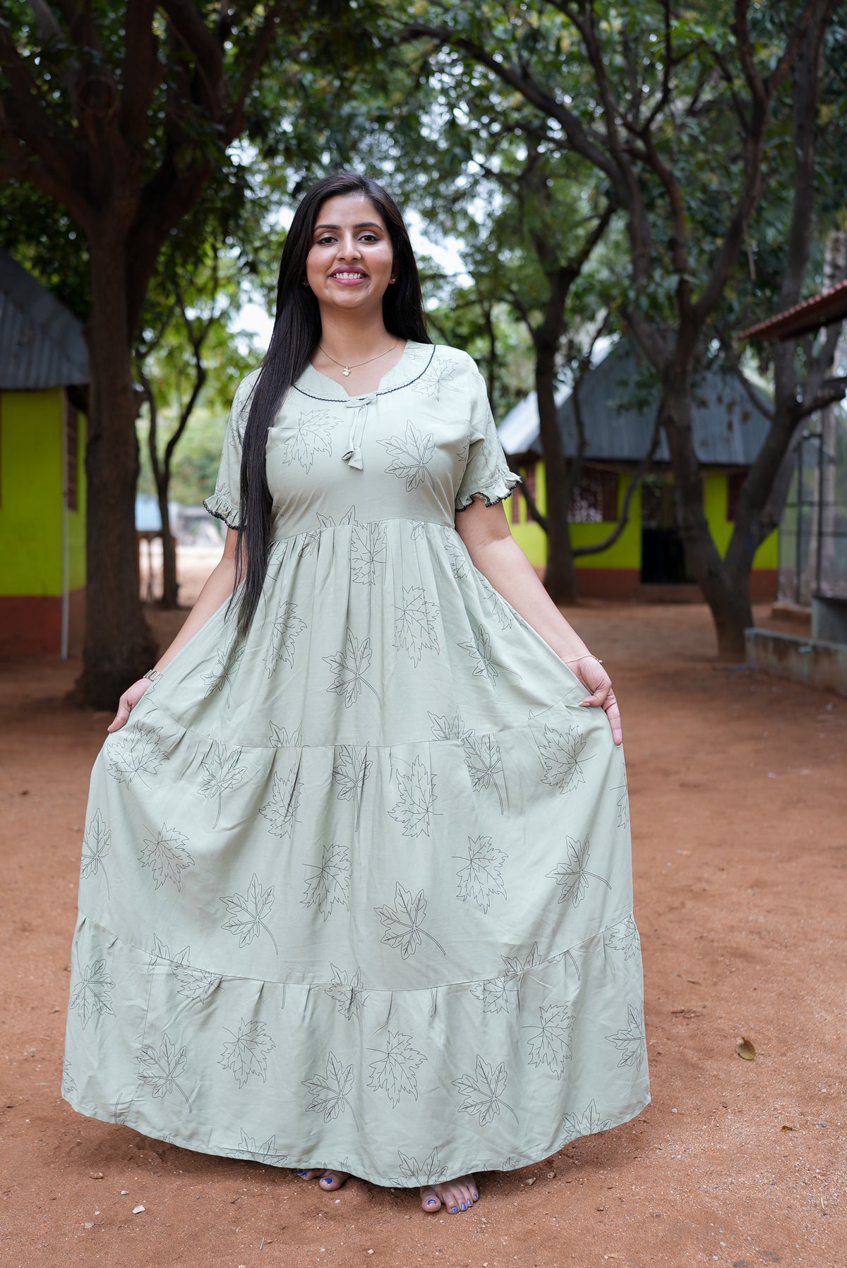 Mangai 3 Layer Flared Frock Model Nighties Soft and Smooth Premium Quality Rayon Material , Fancy Frilled Sleeve, Side Pocket , Back tie Rope , Stylish Collection's for Trendy Women's (MRK)