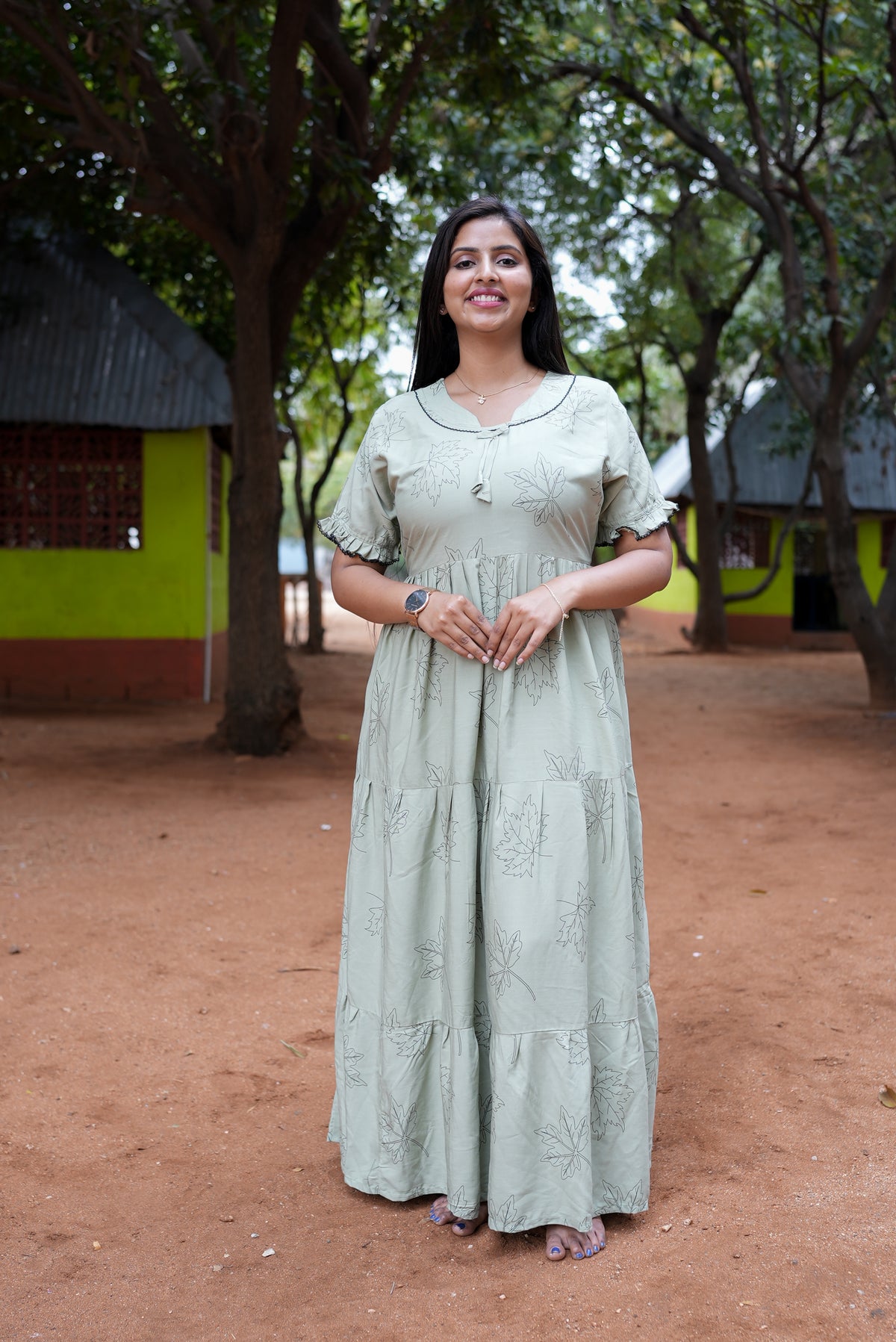 Mangai 3 Layer Flared Frock Model Nighties Soft and Smooth Premium Quality Rayon Material , Fancy Frilled Sleeve, Side Pocket , Back tie Rope , Stylish Collection's for Trendy Women's (MRK)