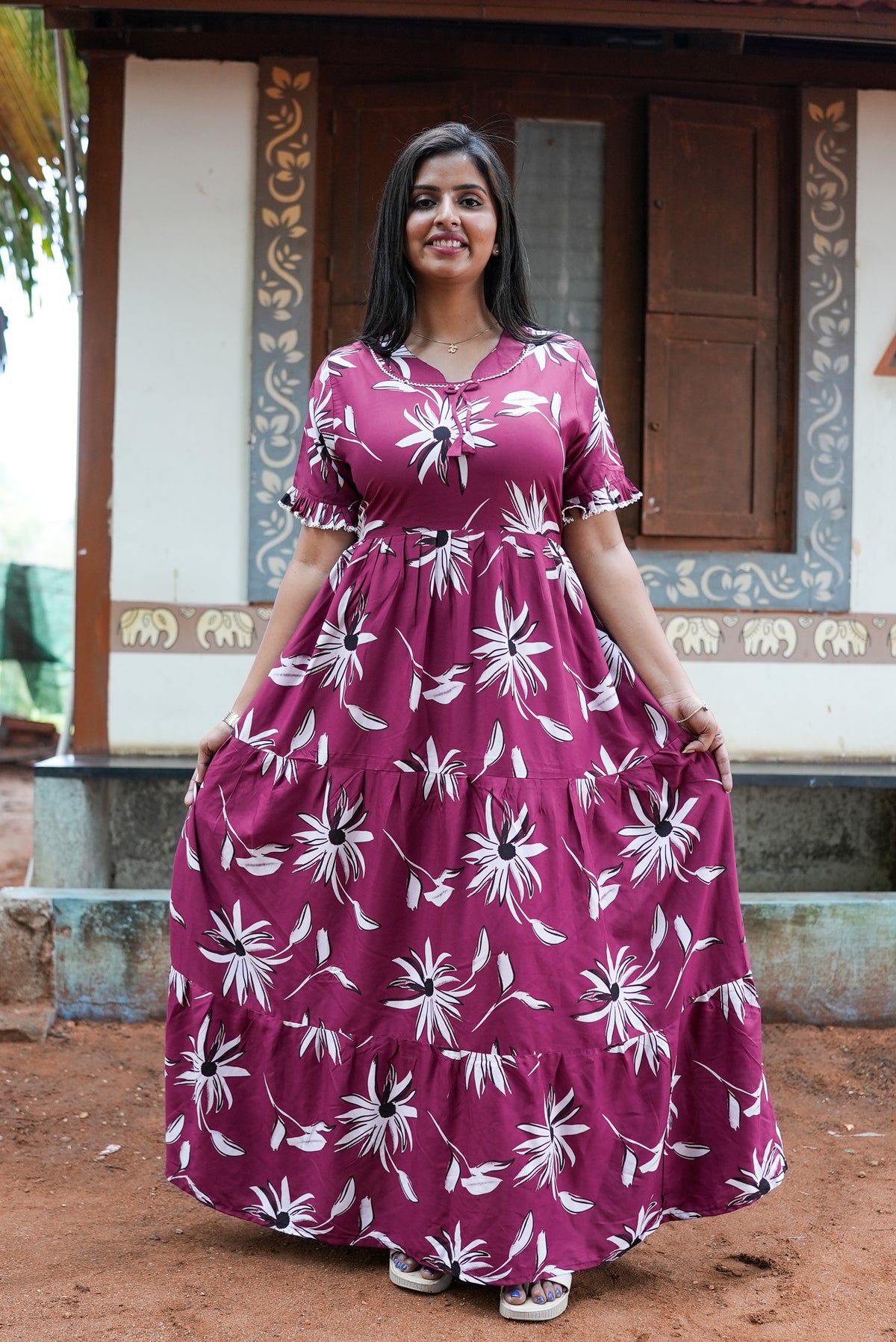 Mangai 3 Layer Flared Frock Model Nighties Soft and Smooth Premium Quality Rayon Material , Fancy Frilled Sleeve, Side Pocket , Back tie Rope , Stylish Collection's for Trendy Women's (MRK)