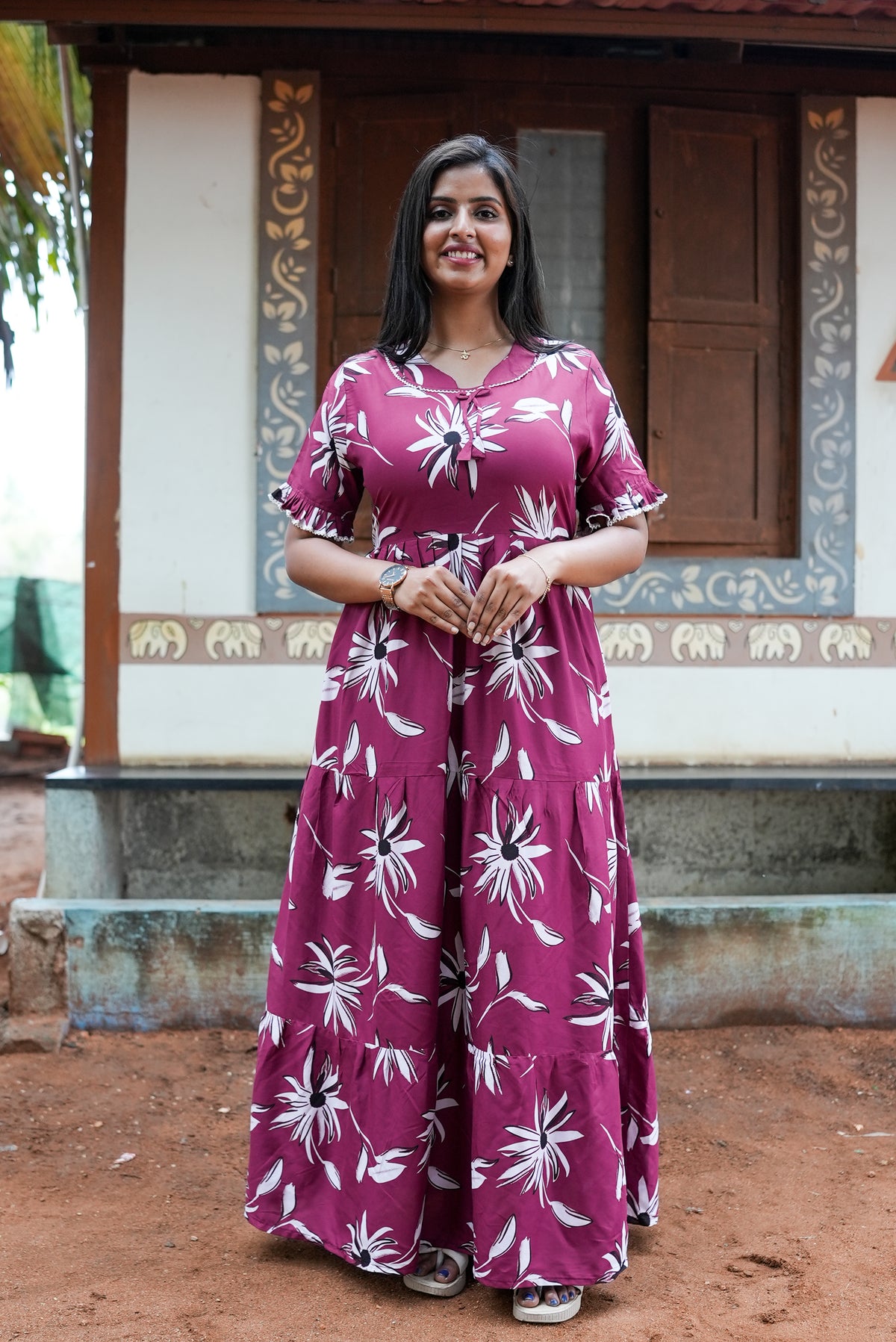 Mangai 3 Layer Flared Frock Model Nighties Soft and Smooth Premium Quality Rayon Material , Fancy Frilled Sleeve, Side Pocket , Back tie Rope , Stylish Collection's for Trendy Women's (MRK)