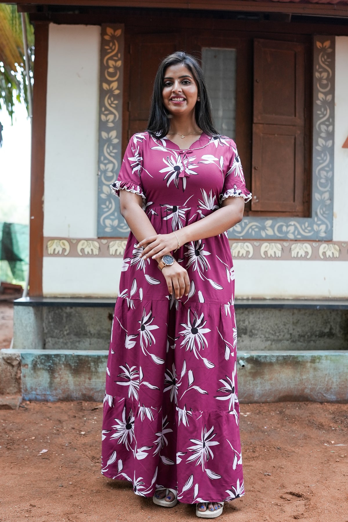 Mangai 3 Layer Flared Frock Model Nighties Soft and Smooth Premium Quality Rayon Material , Fancy Frilled Sleeve, Side Pocket , Back tie Rope , Stylish Collection's for Trendy Women's (MRK)