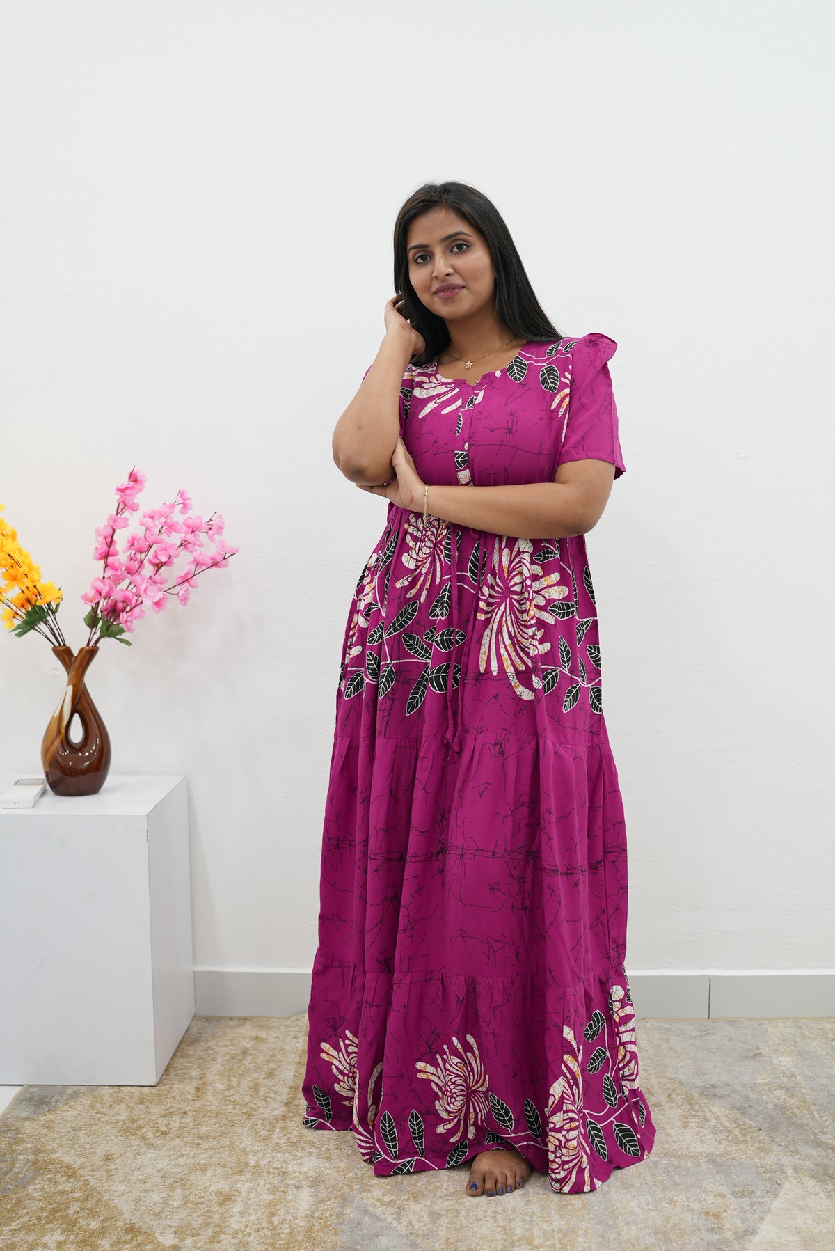 Stylish Arrivals Rayon Gathering Frock Model Night Gown's | Front Adjustable Gathering Style Rope | Puff Sleeve | Trending Collection's for Stylish Women's (FKG)