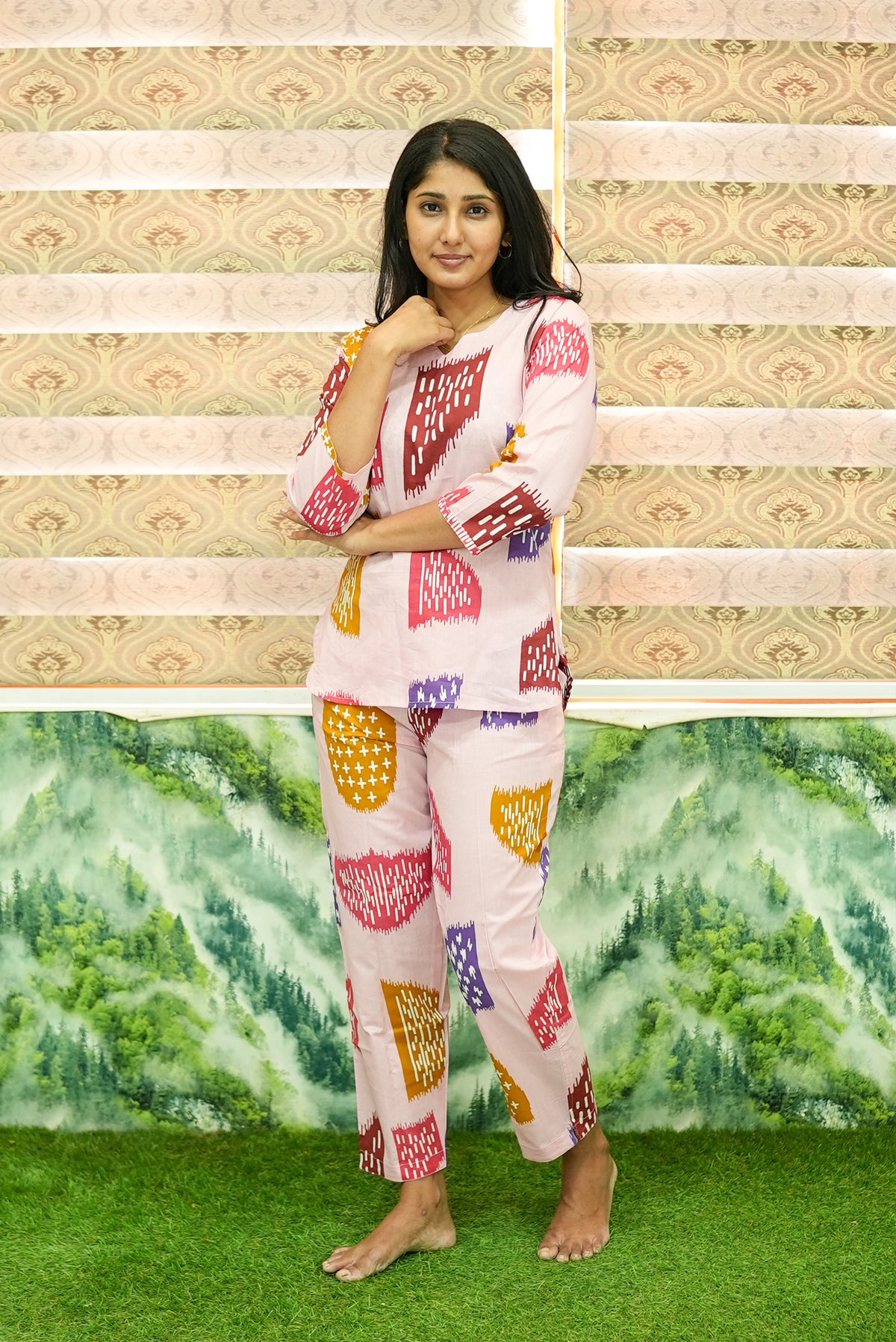 MANGAI Premium Cotton Printed Night Suits | Stylish Print's All Over | Top & Bottom Set | 3/4 Sleeve | Trendy Night Suits for Stylish Women's (TPS-3/4)