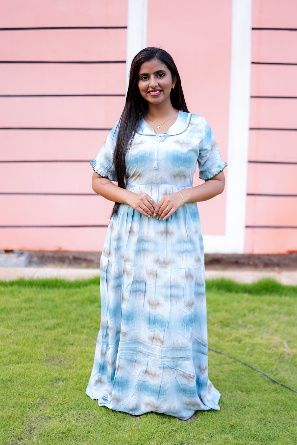 Mangai 3 Layer Flared Frock Model Nighties Soft and Smooth Premium Quality Rayon Material , Fancy Frilled Sleeve, Side Pocket , Back tie Rope , Stylish Collection's for Trendy Women's (MRK)