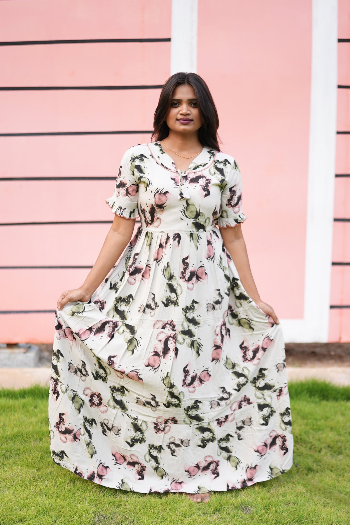 Mangai 3 Layer Flared Frock Model Nighties Soft and Smooth Premium Quality Rayon Material , Fancy Frilled Sleeve, Side Pocket , Back tie Rope , Stylish Collection's for Trendy Women's (MRK)