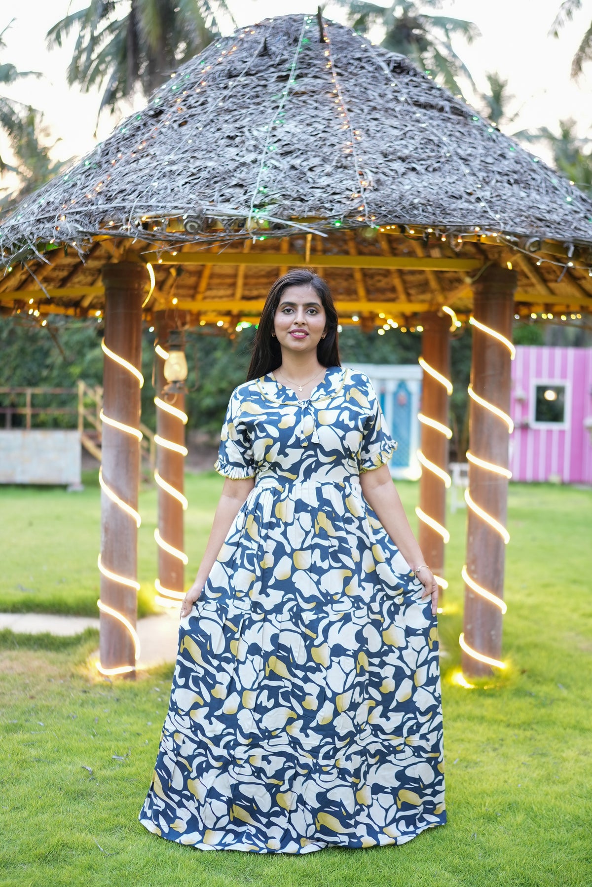 Mangai 3 Layer Flared Frock Model Nighties Soft and Smooth Premium Quality Rayon Material , Fancy Frilled Sleeve, Side Pocket , Back tie Rope , Stylish Collection's for Trendy Women's (MRK)