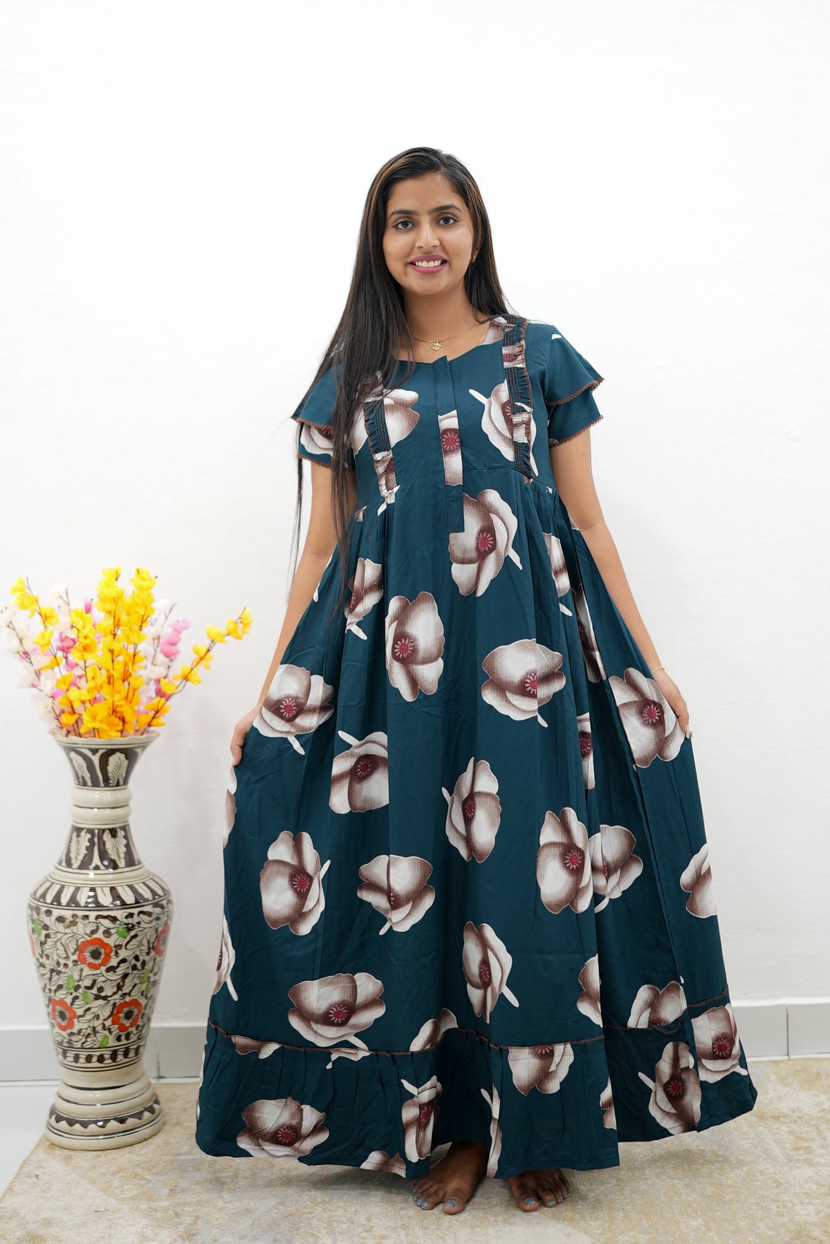 MANGAI Rayon Frock Nighties | Front Open Lengthy Zipper Comforts Feeding | Fancy Double Layered Sleeve's | Post & Pre Pregnancy's and Casual Wear | Side Pocket |Versatile Rayon Frock Night Gown's for Stylish Women's (RFF)