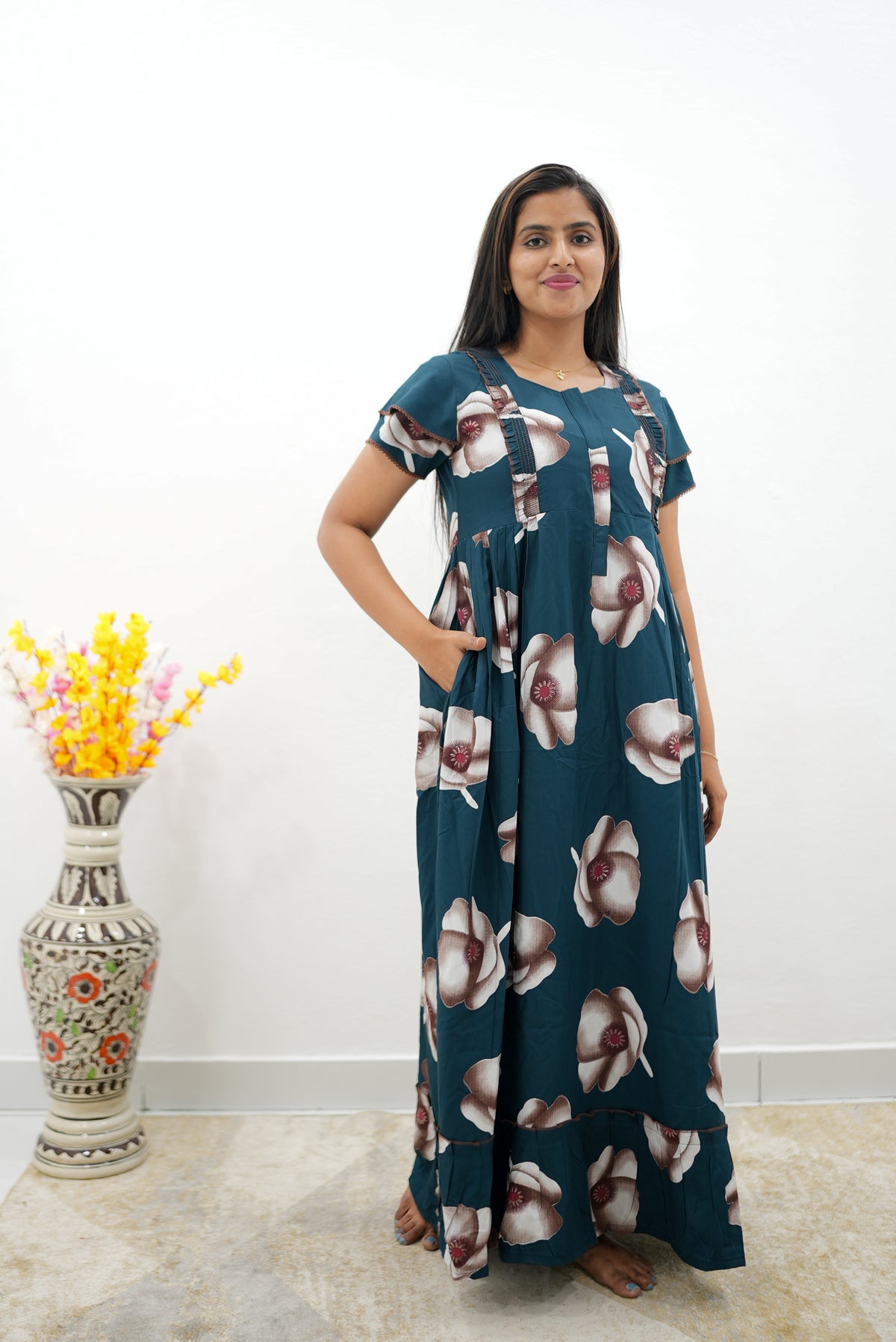 MANGAI Rayon Frock Nighties | Front Open Lengthy Zipper Comforts Feeding | Fancy Double Layered Sleeve's | Post & Pre Pregnancy's and Casual Wear | Side Pocket |Versatile Rayon Frock Night Gown's for Stylish Women's (RFF)