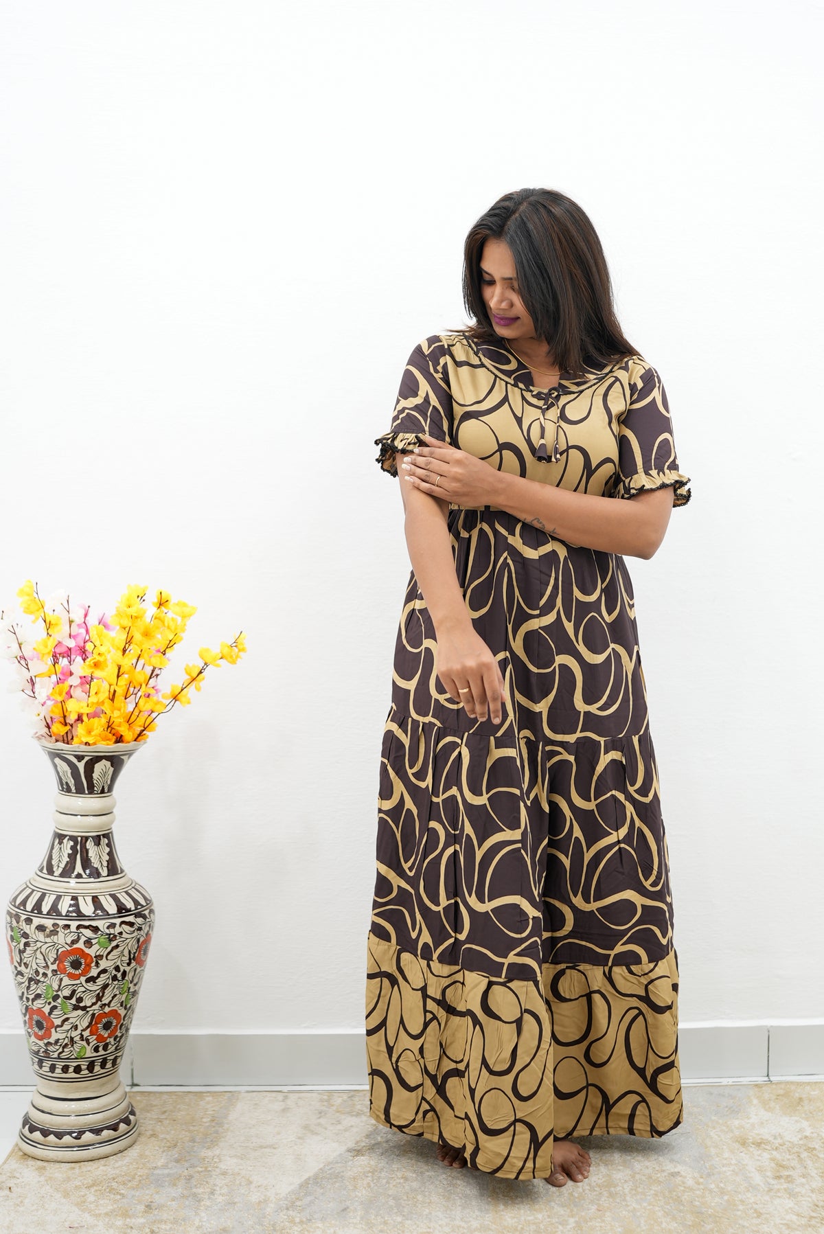 Mangai 3 Layer Flared Frock Model Nighties Soft and Smooth Premium Quality Rayon Material , Fancy Frilled Sleeve, Side Pocket , Back tie Rope , Stylish Collection's for Trendy Women's (MRK)