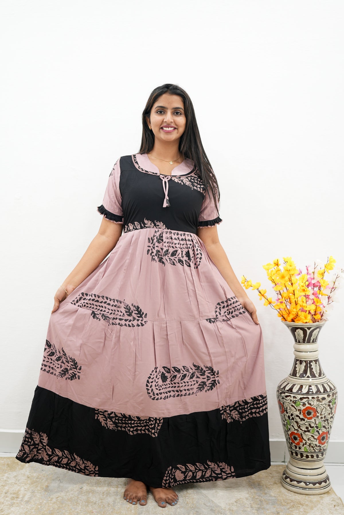 Mangai 3 Layer Flared Frock Model Nighties Soft and Smooth Premium Quality Rayon Material , Fancy Frilled Sleeve, Side Pocket , Back tie Rope , Stylish Collection's for Trendy Women's (MRK)