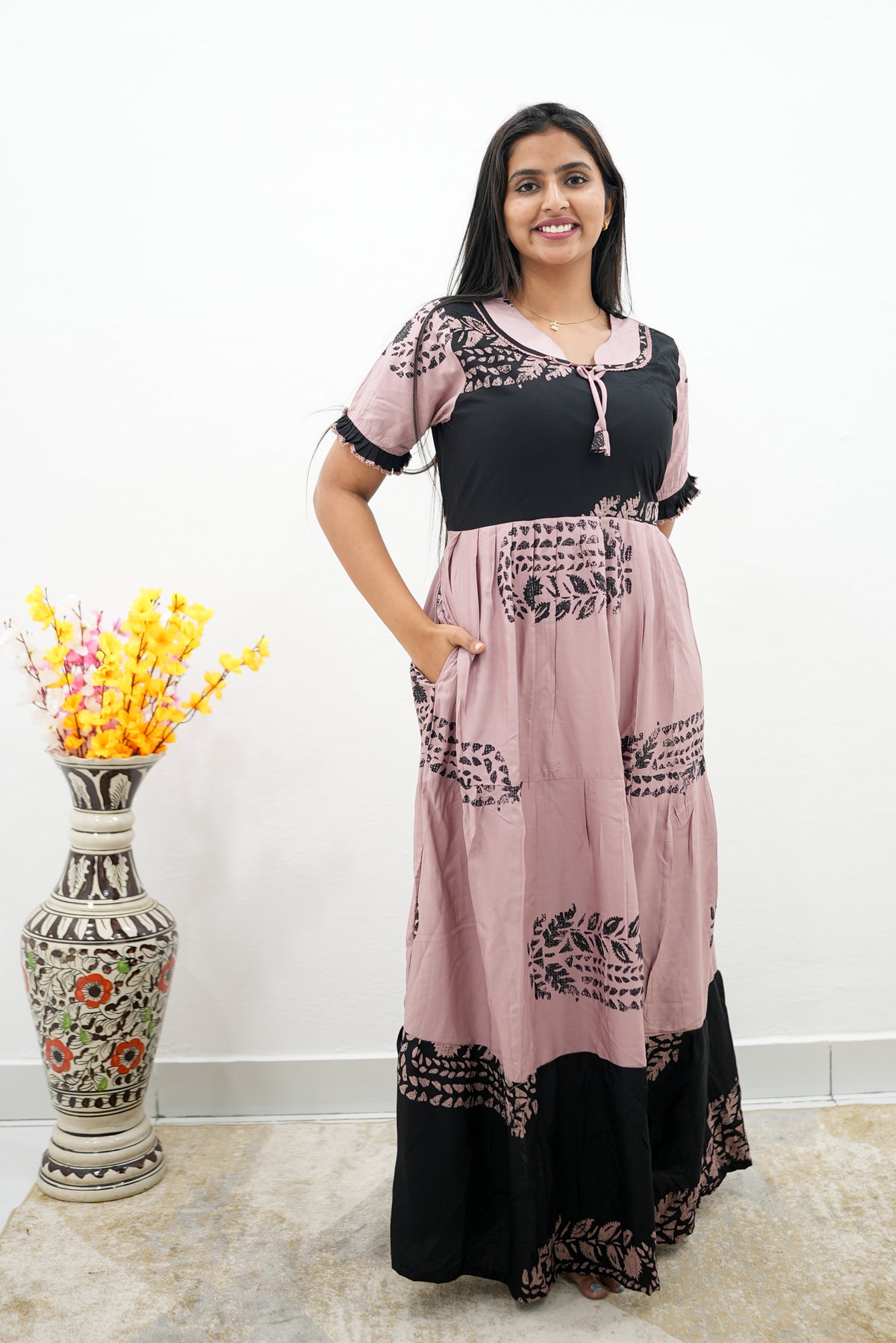 Mangai 3 Layer Flared Frock Model Nighties Soft and Smooth Premium Quality Rayon Material , Fancy Frilled Sleeve, Side Pocket , Back tie Rope , Stylish Collection's for Trendy Women's (MRK)