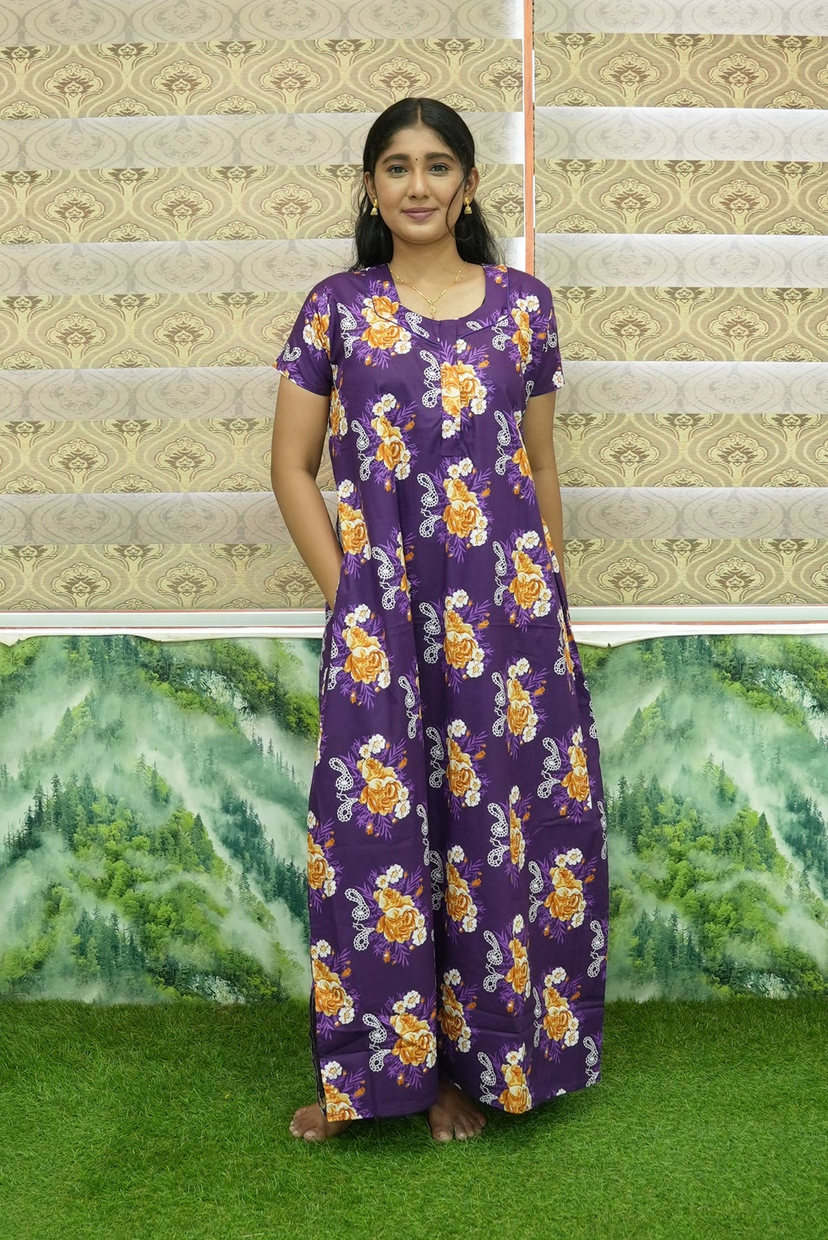 MANGAI Daily Wear Casual Comfort Fit Cotton Printed Nighties | Front Open Zipper Model | Fancy Round Neck with Side Pocket Cotton Nighties (DRN)