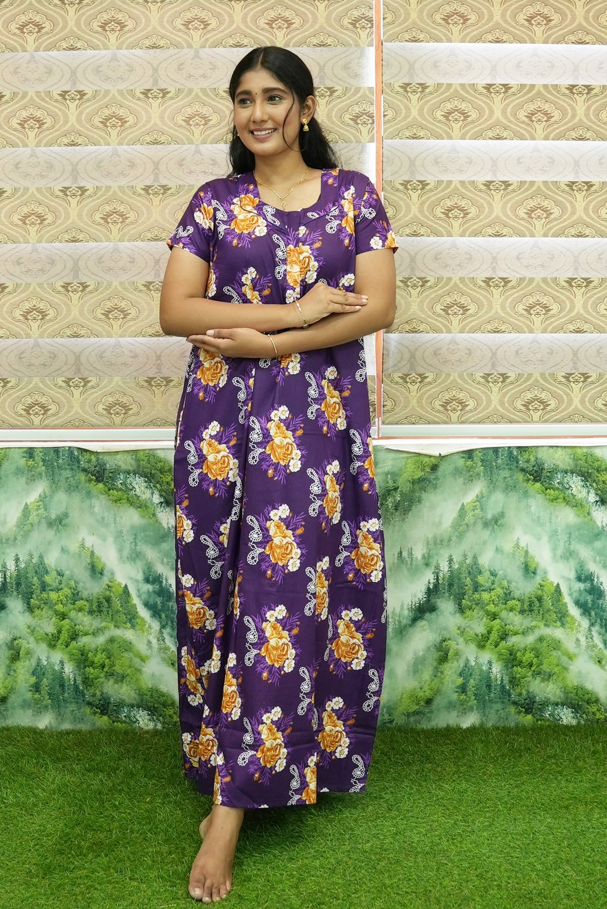 MANGAI Daily Wear Casual Comfort Fit Cotton Printed Nighties | Front Open Zipper Model | Fancy Round Neck with Side Pocket Cotton Nighties (DRN)