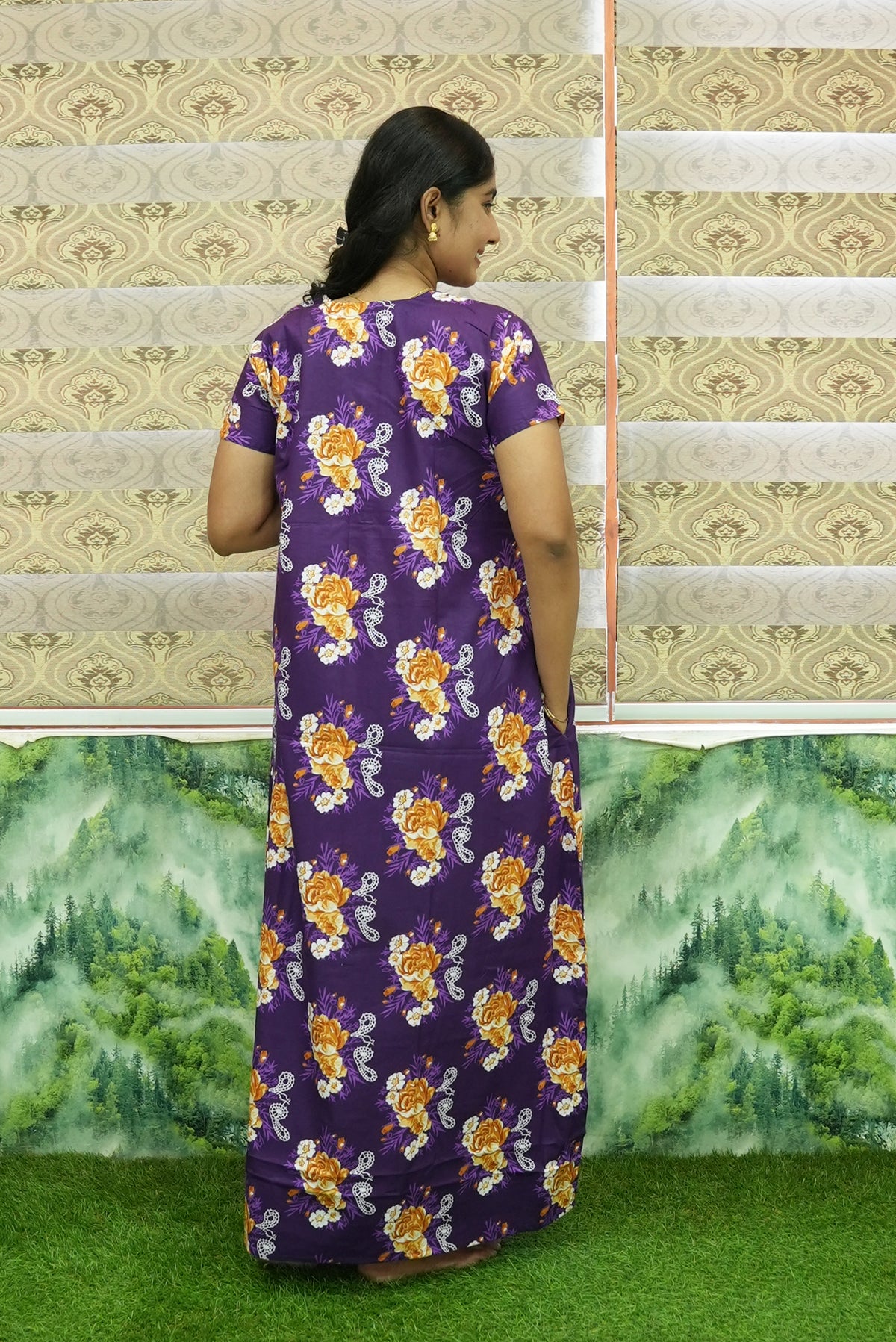 MANGAI Daily Wear Casual Comfort Fit Cotton Printed Nighties | Front Open Zipper Model | Fancy Round Neck with Side Pocket Cotton Nighties (DRN)