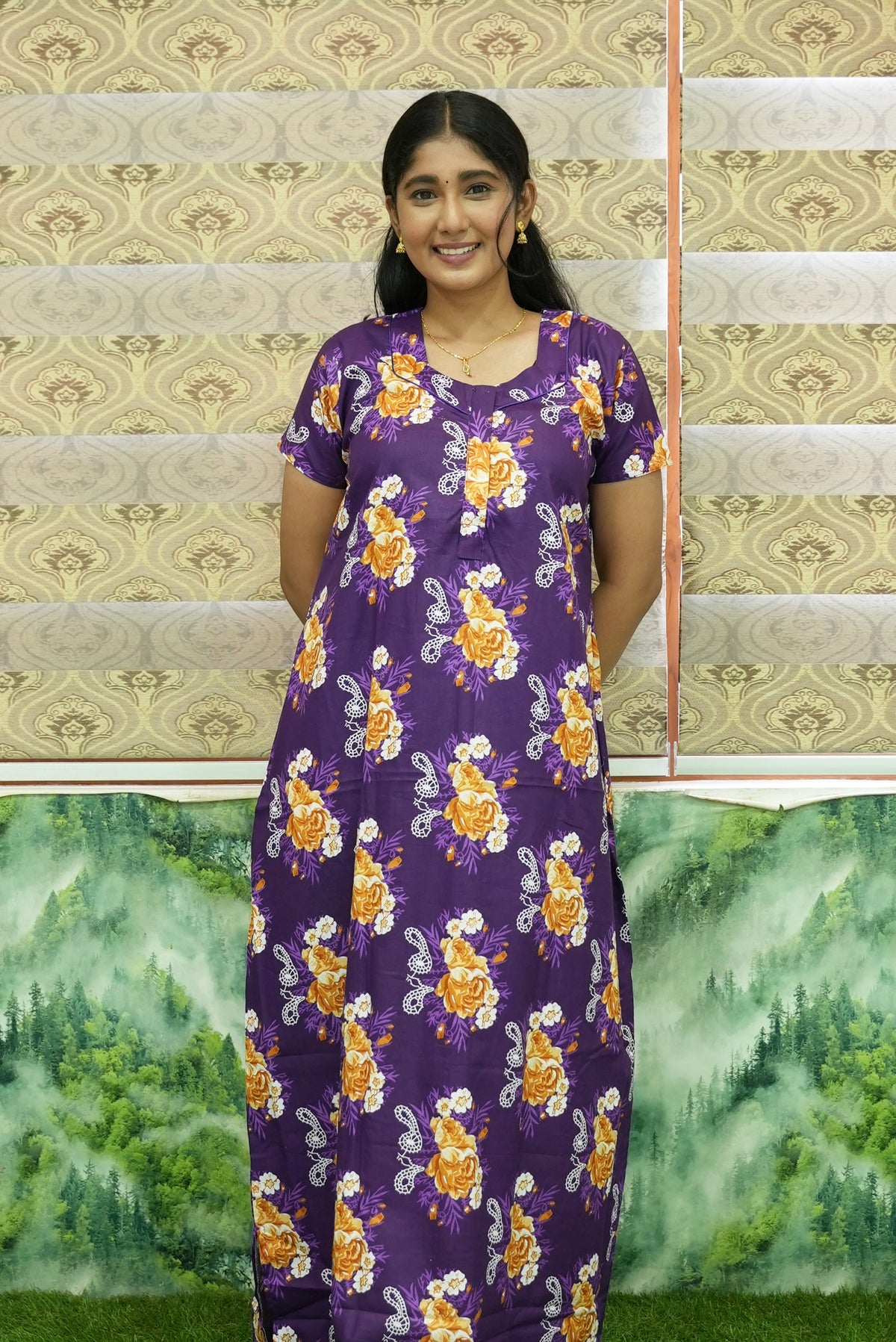 MANGAI Daily Wear Casual Comfort Fit Cotton Printed Nighties | Front Open Zipper Model | Fancy Round Neck with Side Pocket Cotton Nighties (DRN)