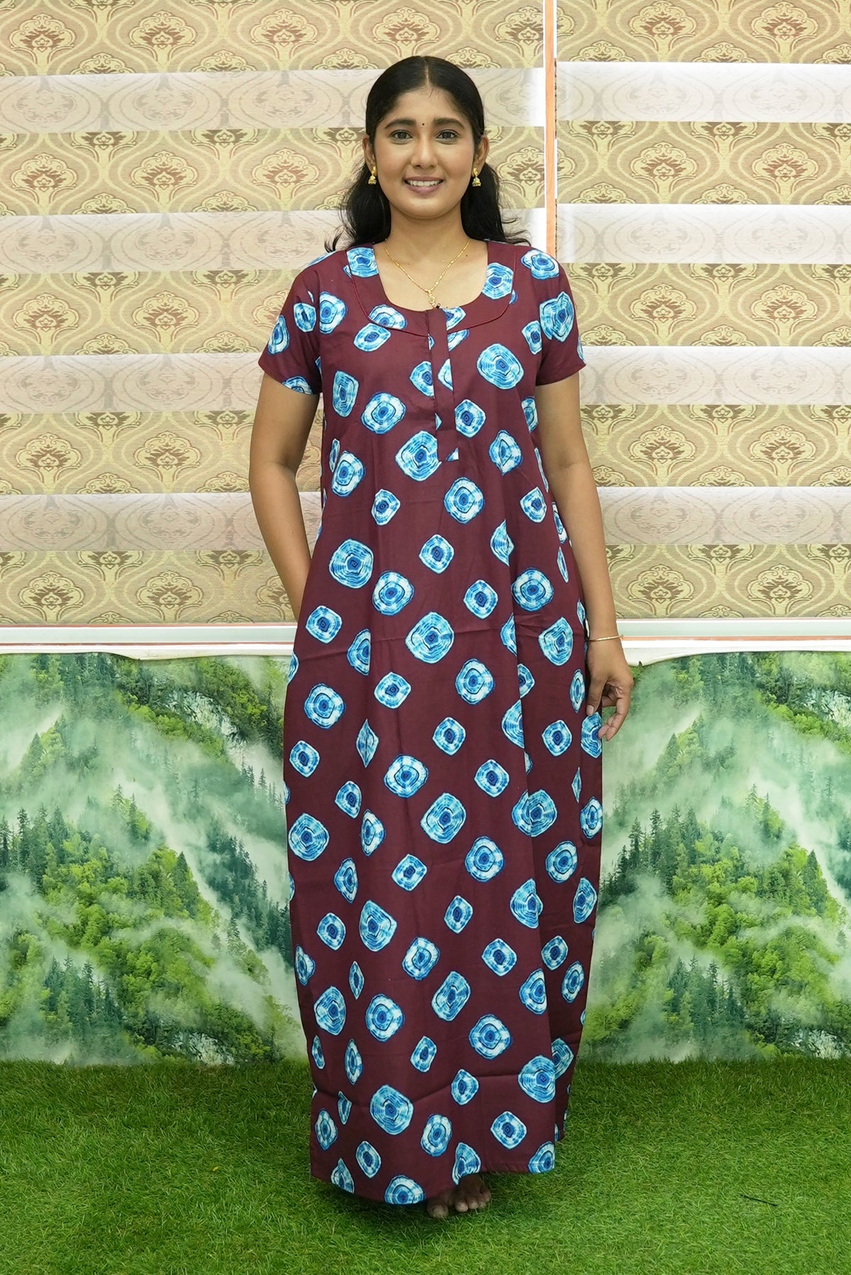 MANGAI Daily Wear Casual Comfort Fit Cotton Printed Nighties | Front Open Zipper Model | Fancy Round Neck with Side Pocket Cotton Nighties (DRN)