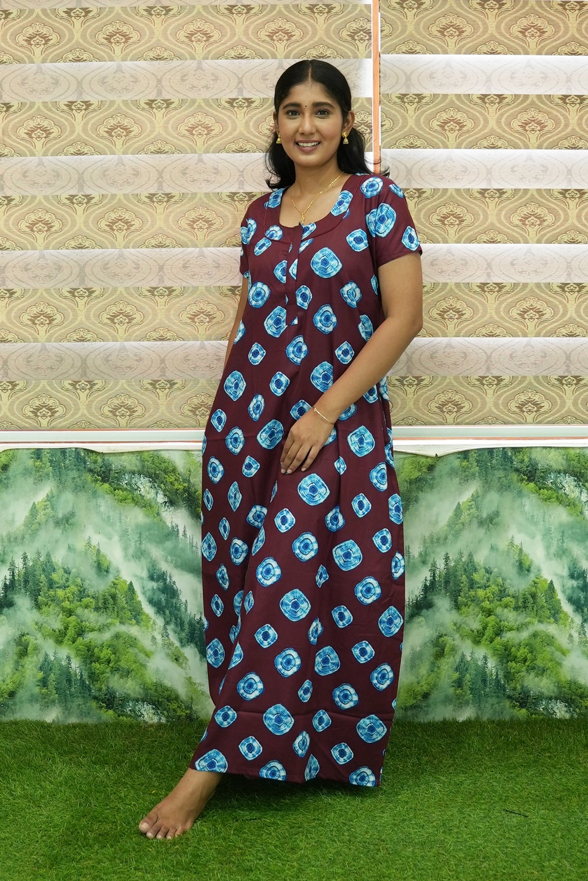 MANGAI Daily Wear Casual Comfort Fit Cotton Printed Nighties | Front Open Zipper Model | Fancy Round Neck with Side Pocket Cotton Nighties (DRN)