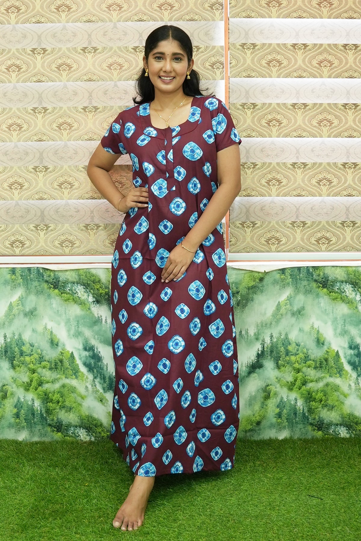 MANGAI Daily Wear Casual Comfort Fit Cotton Printed Nighties | Front Open Zipper Model | Fancy Round Neck with Side Pocket Cotton Nighties (DRN)