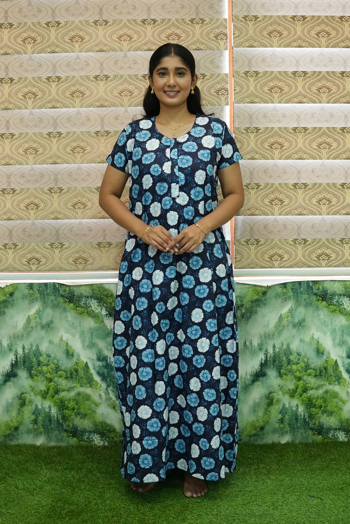 MANGAI Daily Wear Casual Comfort Fit Cotton Printed Nighties | Front Open Zipper Model | Fancy Round Neck with Side Pocket Cotton Nighties (DRN)