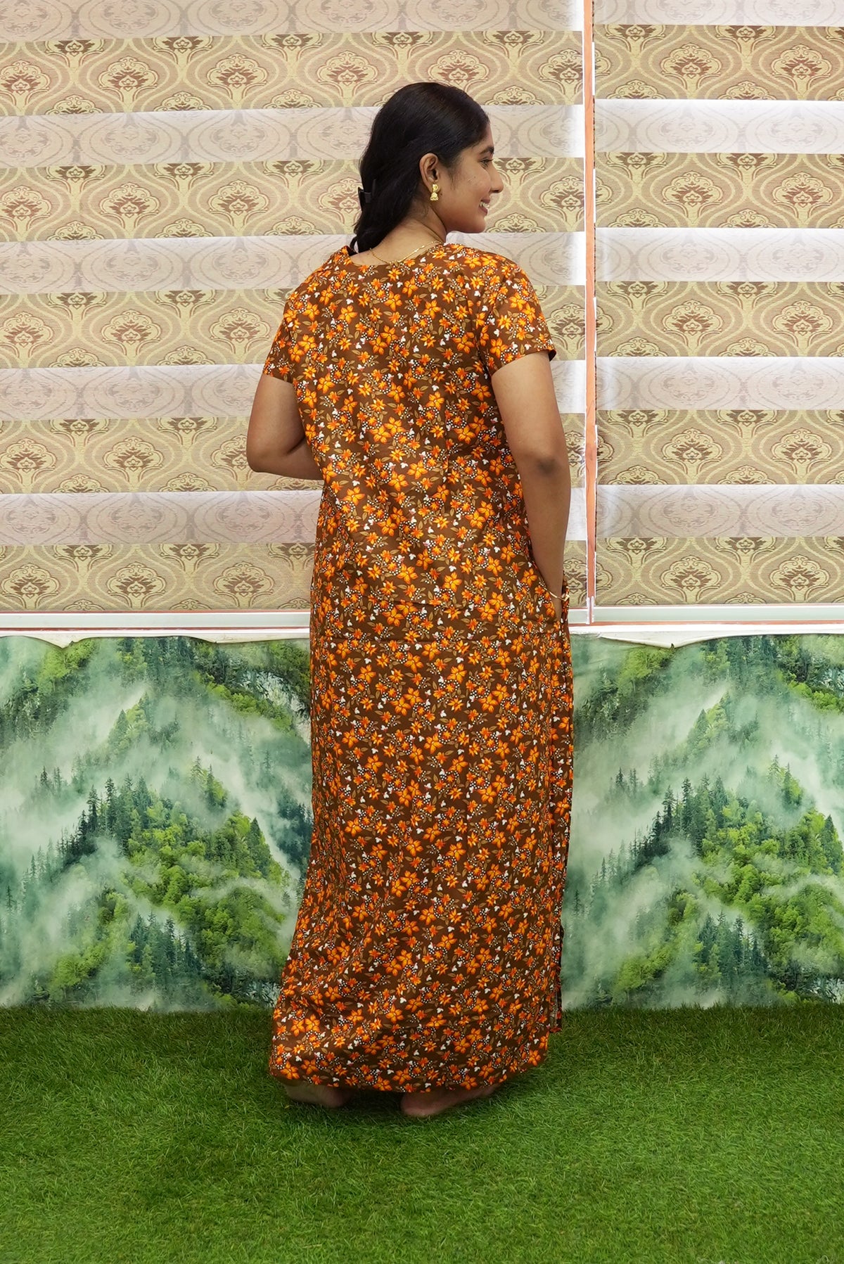 MANGAI Daily Wear Casual Comfort Fit Cotton Printed Nighties | Front Open Zipper Model | Fancy Round Neck with Side Pocket Cotton Nighties (DRN)