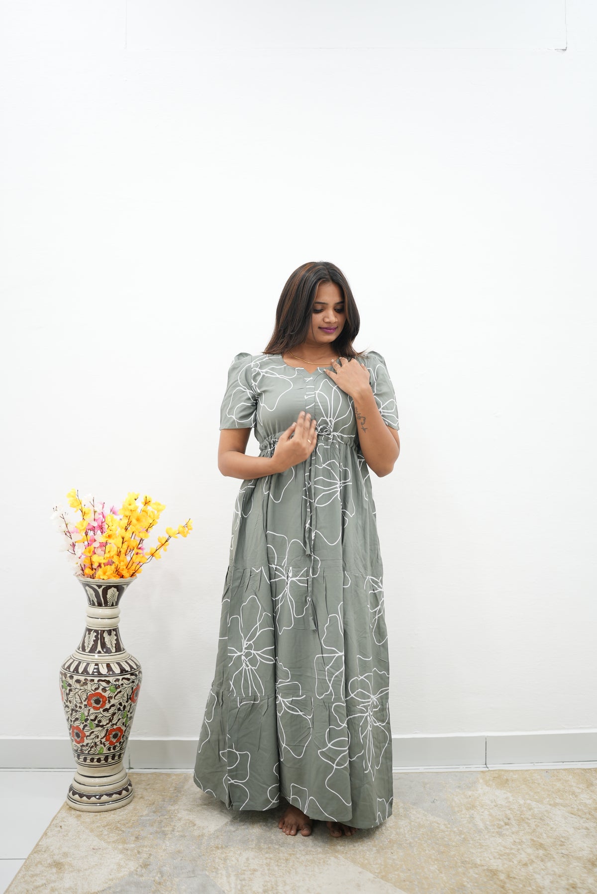 Stylish Arrivals Rayon Gathering Frock Model Night Gown's | Front Adjustable Gathering Style Rope | Puff Sleeve | Trending Collection's for Stylish Women's (FKG)