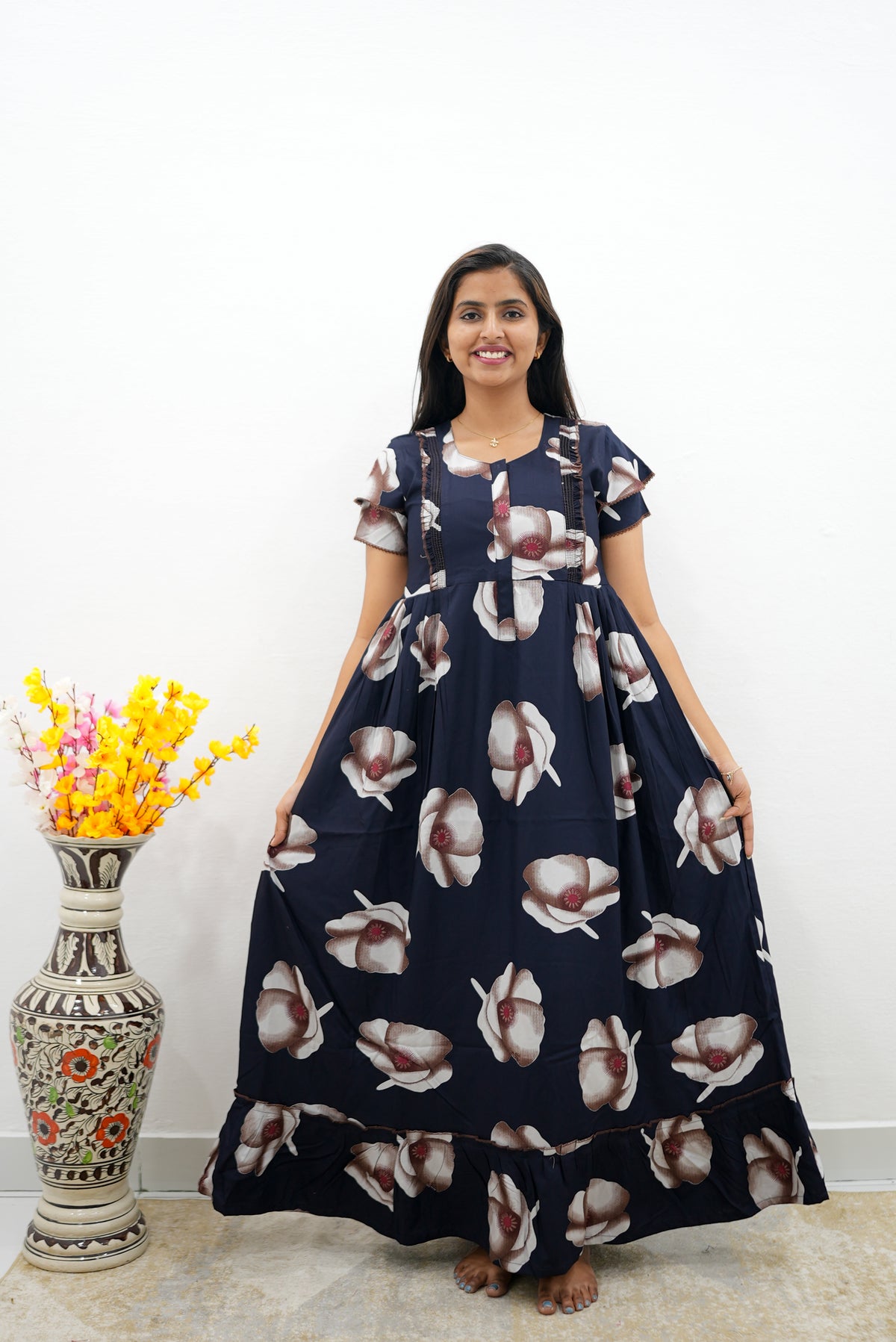 MANGAI Rayon Frock Nighties | Front Open Lengthy Zipper Comforts Feeding | Fancy Double Layered Sleeve's | Post & Pre Pregnancy's and Casual Wear | Side Pocket |Versatile Rayon Frock Night Gown's for Stylish Women's (RFF)