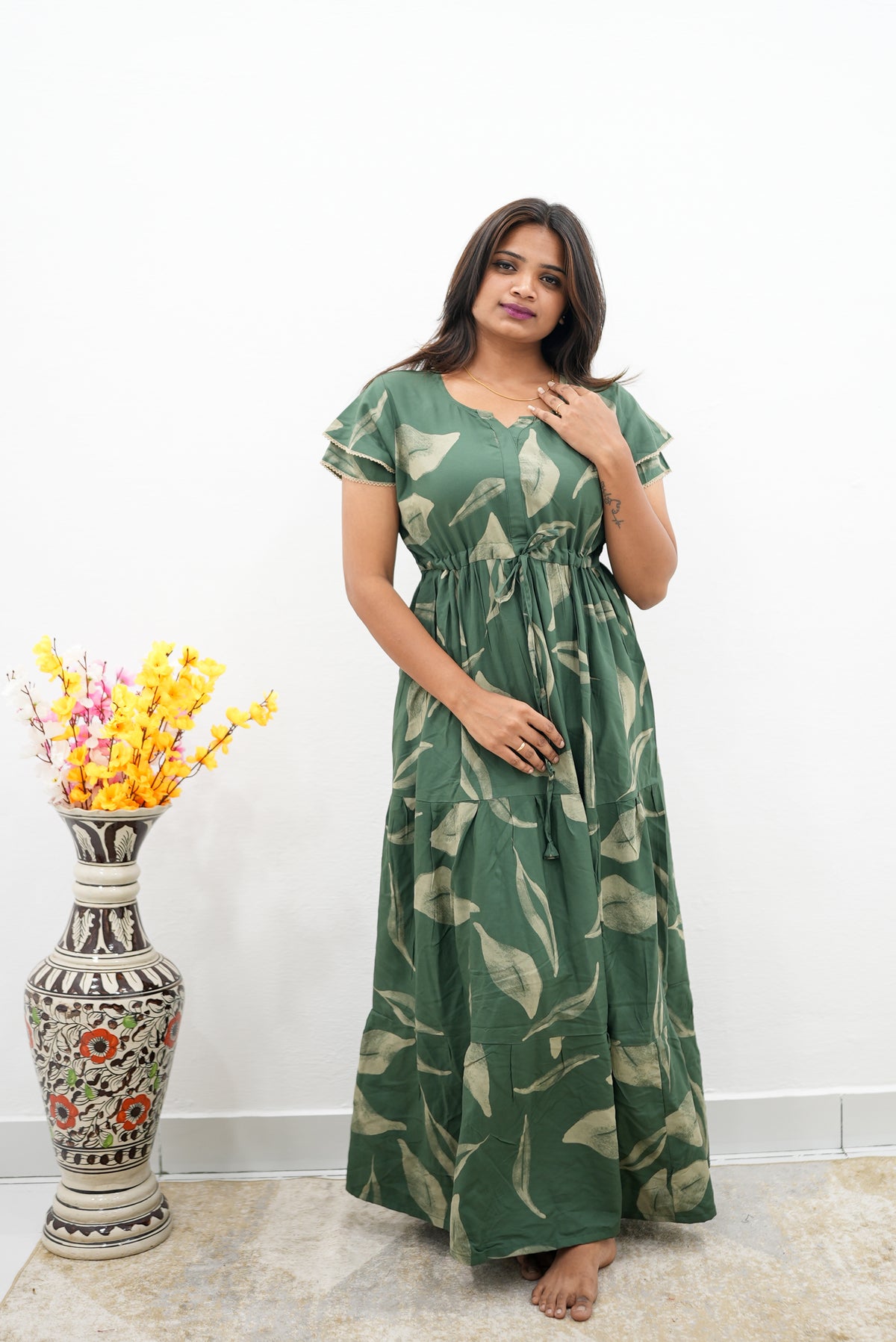 Stylish Arrivals Rayon Gathering Frock Model Night Gown's | Front Adjustable Gathering Style Rope | Double Layer Sleeve | Trending Collection's for Stylish Women's (FKG)