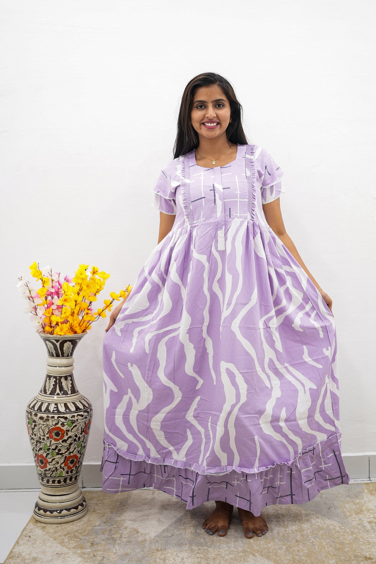 MANGAI Rayon Frock Nighties | Front Open Lengthy Zipper Comforts Feeding | Fancy Double Layered Sleeve's | Post & Pre Pregnancy's and Casual Wear | Side Pocket |Versatile Rayon Frock Night Gown's for Stylish Women's (RFF)