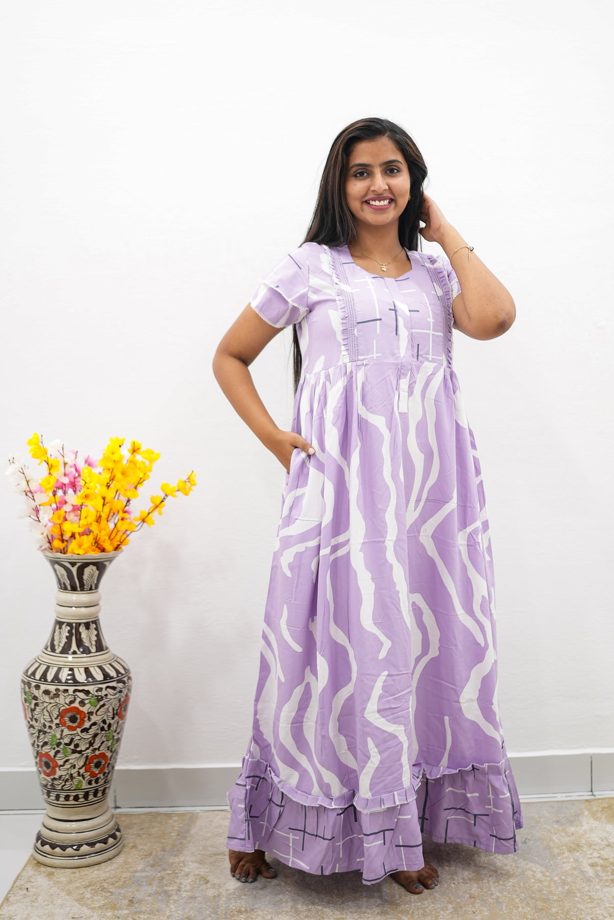 MANGAI Rayon Frock Nighties | Front Open Lengthy Zipper Comforts Feeding | Fancy Double Layered Sleeve's | Post & Pre Pregnancy's and Casual Wear | Side Pocket |Versatile Rayon Frock Night Gown's for Stylish Women's (RFF)