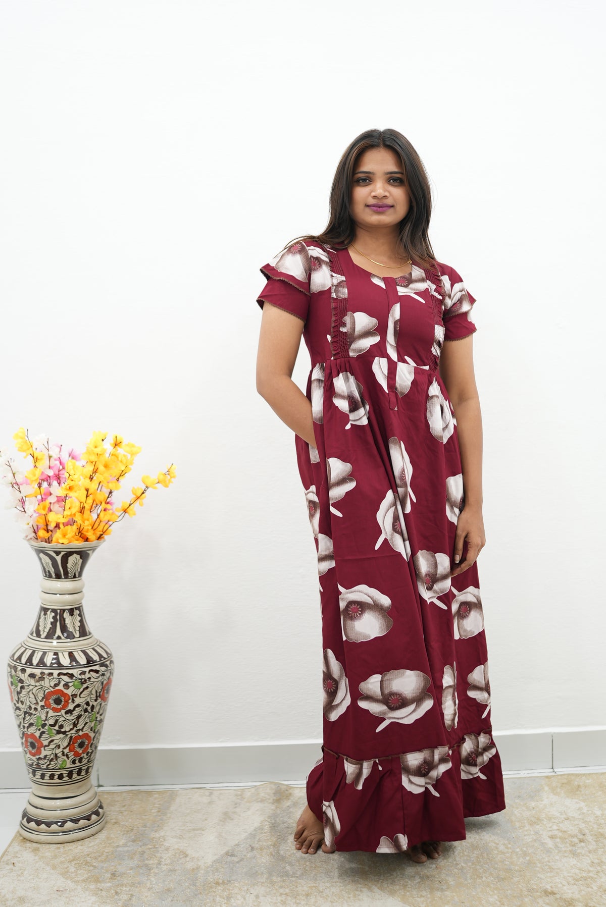 MANGAI Rayon Frock Nighties | Front Open Lengthy Zipper Comforts Feeding | Fancy Double Layered Sleeve's | Post & Pre Pregnancy's and Casual Wear | Side Pocket |Versatile Rayon Frock Night Gown's for Stylish Women's (RFF)