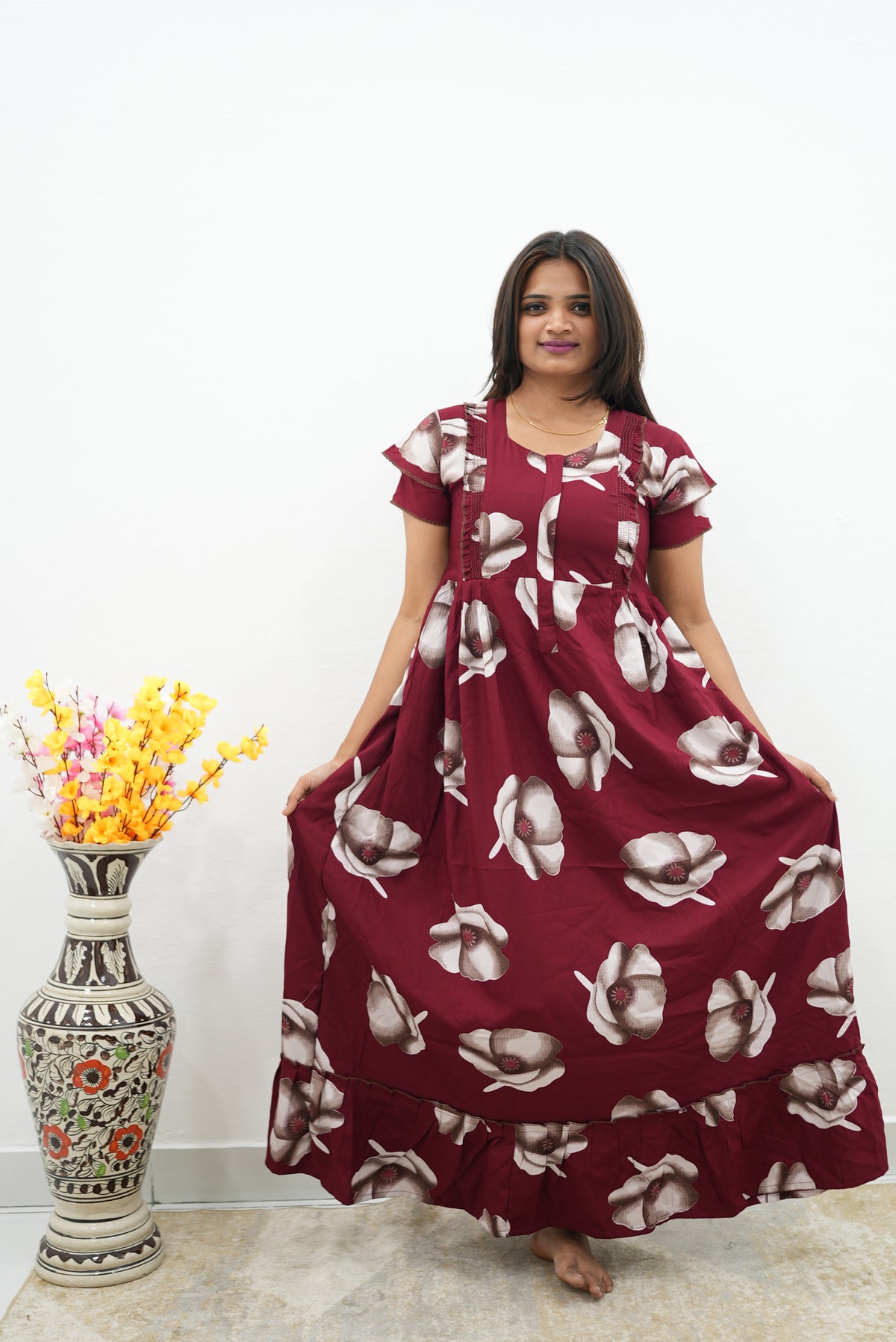 MANGAI Rayon Frock Nighties | Front Open Lengthy Zipper Comforts Feeding | Fancy Double Layered Sleeve's | Post & Pre Pregnancy's and Casual Wear | Side Pocket |Versatile Rayon Frock Night Gown's for Stylish Women's (RFF)