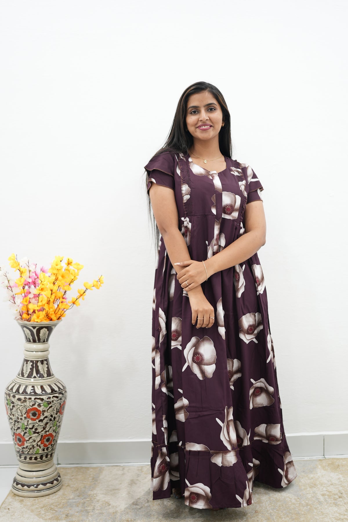MANGAI Rayon Frock Nighties | Front Open Lengthy Zipper Comforts Feeding | Fancy Double Layered Sleeve's | Post & Pre Pregnancy's and Casual Wear | Side Pocket |Versatile Rayon Frock Night Gown's for Stylish Women's (RFF)