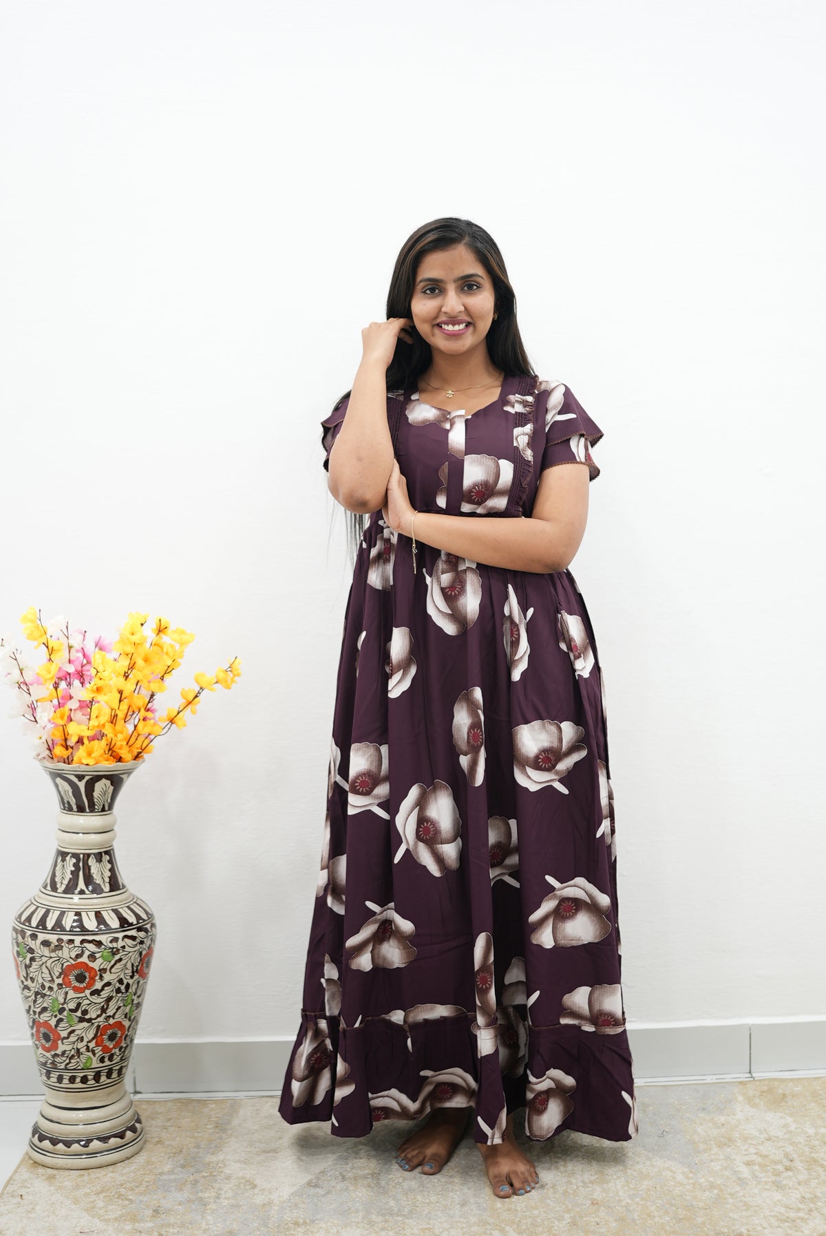 MANGAI Rayon Frock Nighties | Front Open Lengthy Zipper Comforts Feeding | Fancy Double Layered Sleeve's | Post & Pre Pregnancy's and Casual Wear | Side Pocket |Versatile Rayon Frock Night Gown's for Stylish Women's (RFF)