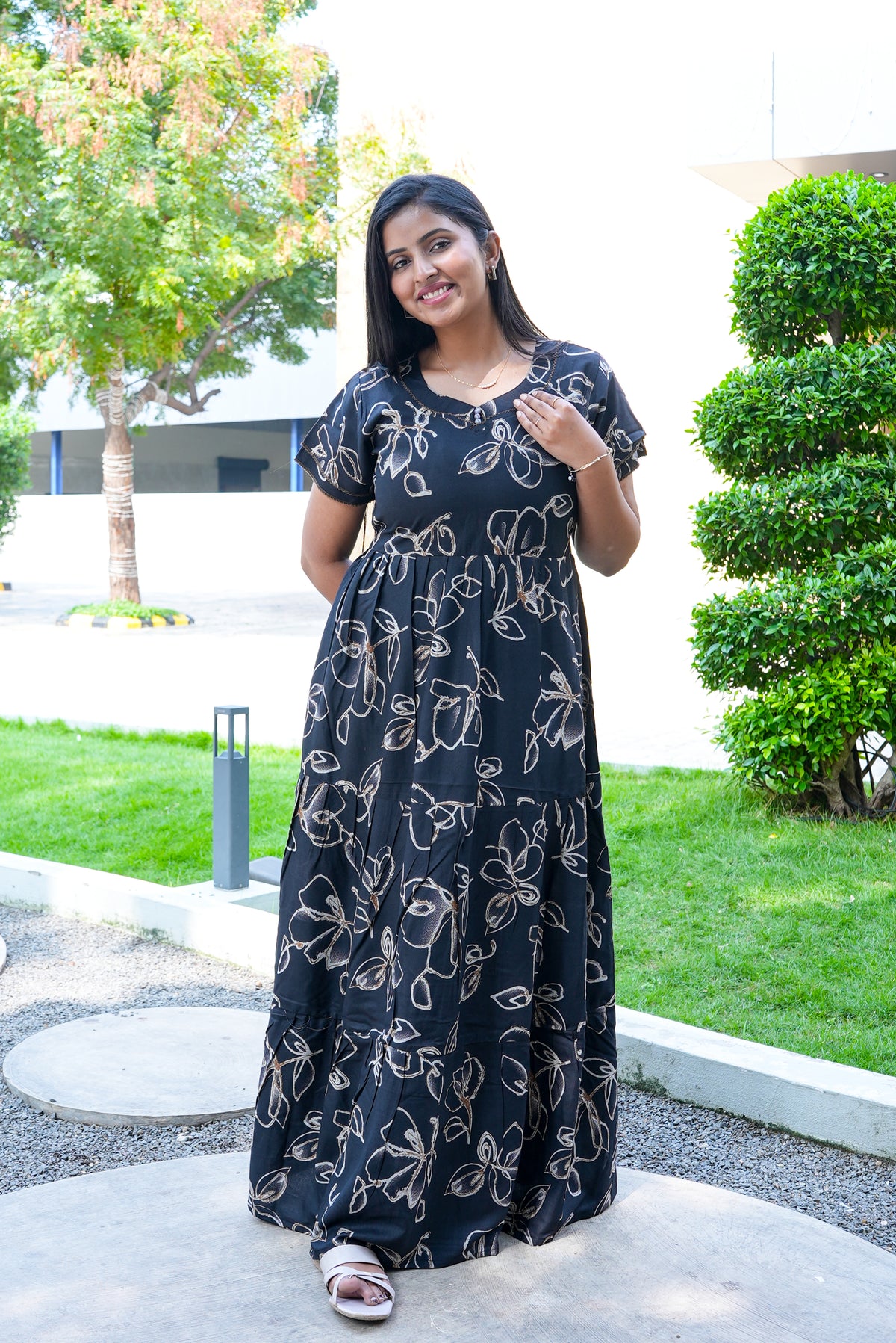 Stylish Alpine 3 Layer Frock Model Nighties| Fancy Sleeves & Neck Pattern| Side Pocket with Back Tie Rope | Perfect Nightwear Trendy Women's (AFK)