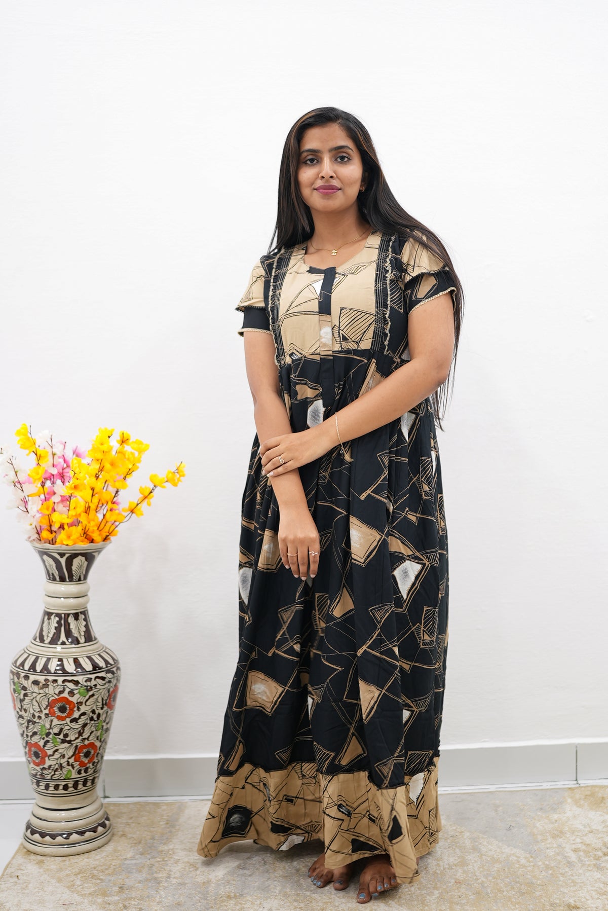MANGAI Rayon Frock Nighties | Front Open Lengthy Zipper Comforts Feeding | Fancy Double Layered Sleeve's | Post & Pre Pregnancy's and Casual Wear | Side Pocket |Versatile Rayon Frock Night Gown's for Stylish Women's (RFF)