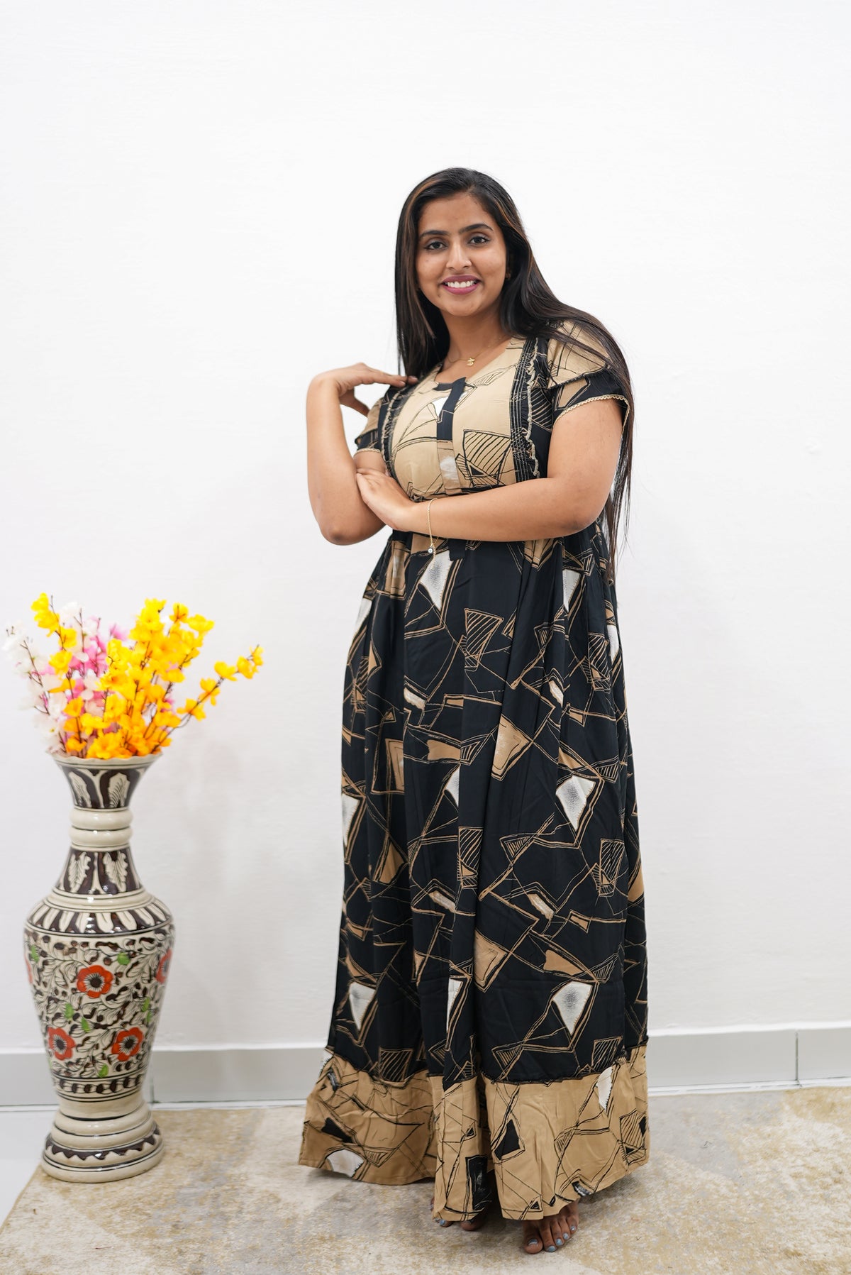 MANGAI Rayon Frock Nighties | Front Open Lengthy Zipper Comforts Feeding | Fancy Double Layered Sleeve's | Post & Pre Pregnancy's and Casual Wear | Side Pocket |Versatile Rayon Frock Night Gown's for Stylish Women's (RFF)