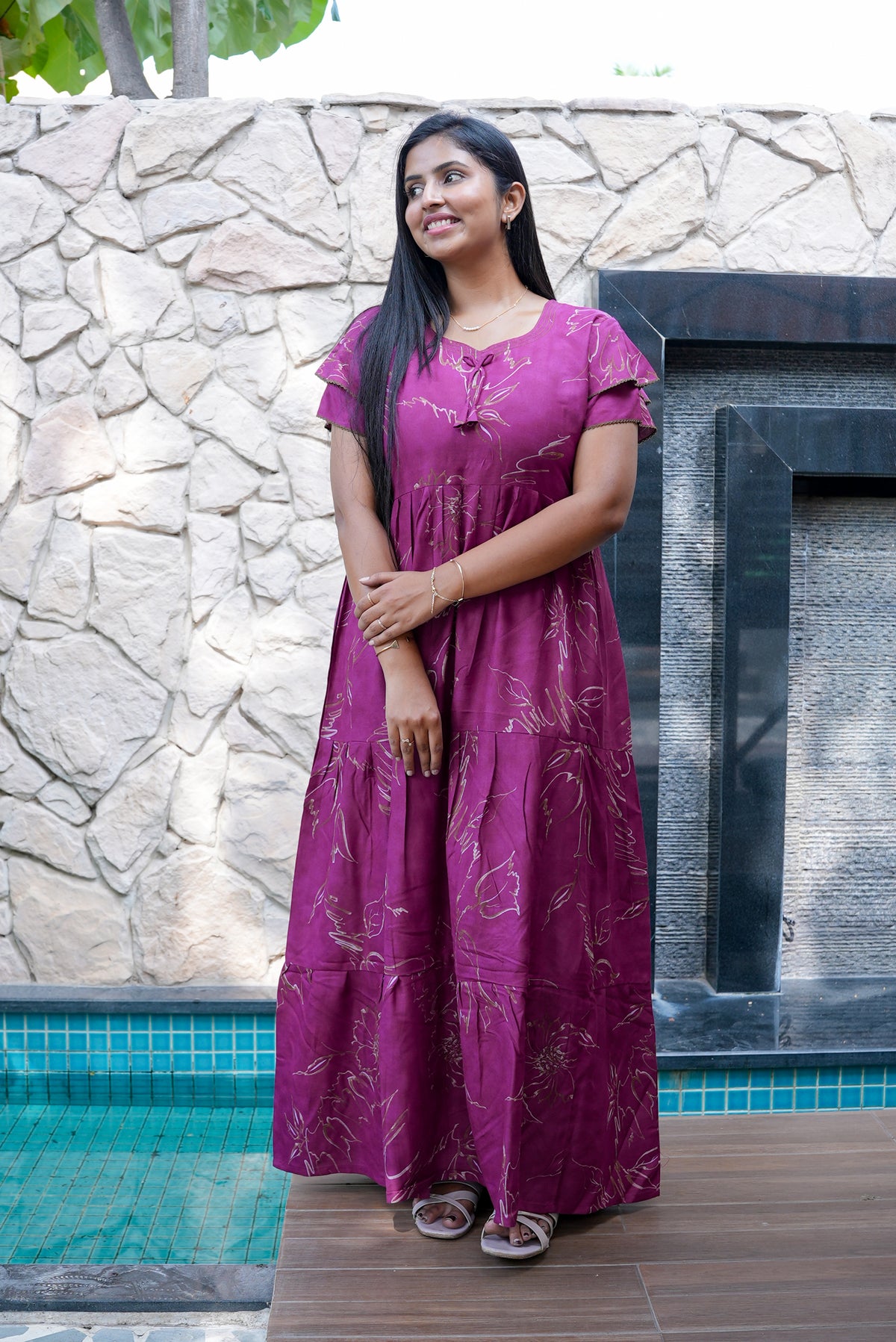 Stylish Alpine 3 Layer Frock Model Nighties| Fancy Sleeves & Neck Pattern| Side Pocket with Back Tie Rope | Perfect Nightwear Trendy Women's (AFK)