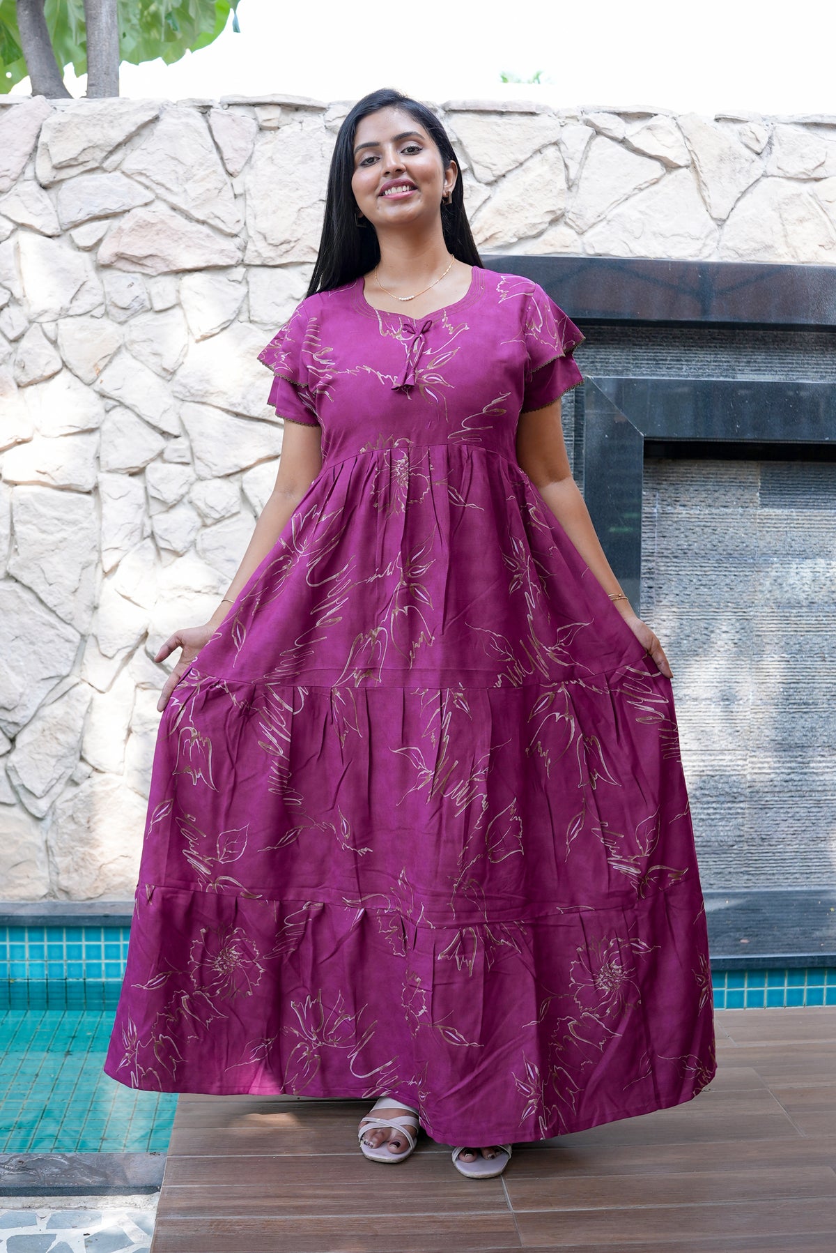 Stylish Alpine 3 Layer Frock Model Nighties| Fancy Sleeves & Neck Pattern| Side Pocket with Back Tie Rope | Perfect Nightwear Trendy Women's (AFK)