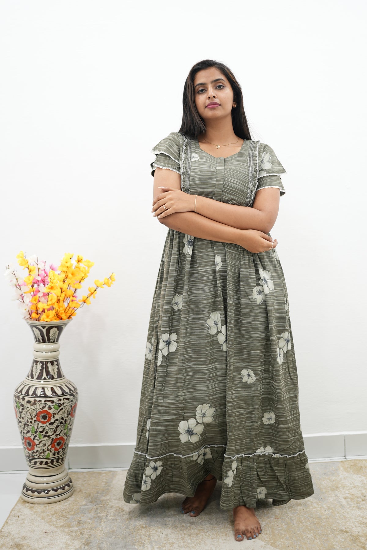 MANGAI Rayon Frock Nighties | Front Open Lengthy Zipper Comforts Feeding | Fancy Double Layered Sleeve's | Post & Pre Pregnancy's and Casual Wear | Side Pocket |Versatile Rayon Frock Night Gown's for Stylish Women's (RFF)