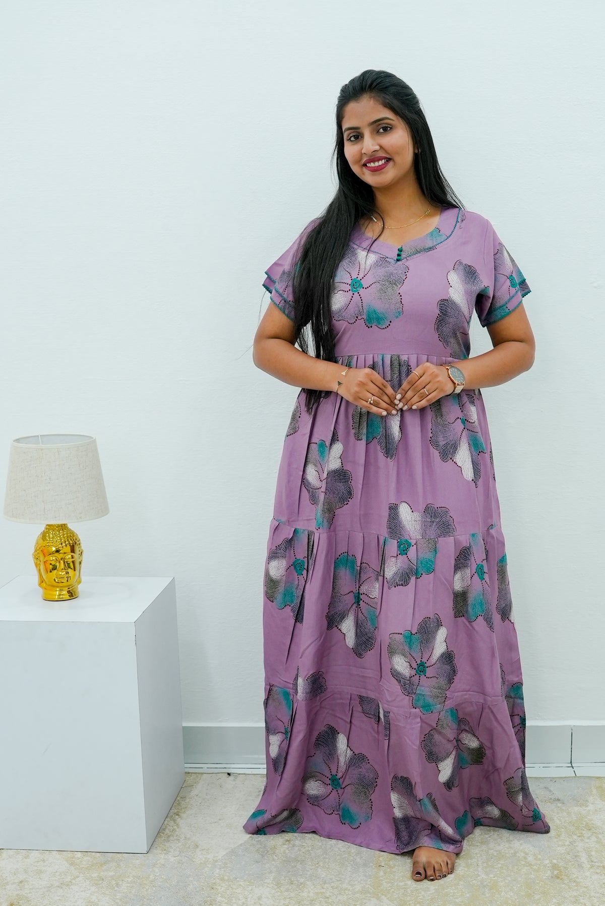 Stylish Alpine 3 Layer Frock Model Nighties| Fancy Sleeves & Neck Pattern| Side Pocket with Back Tie Rope | Perfect Nightwear Trendy Women's (AFK)