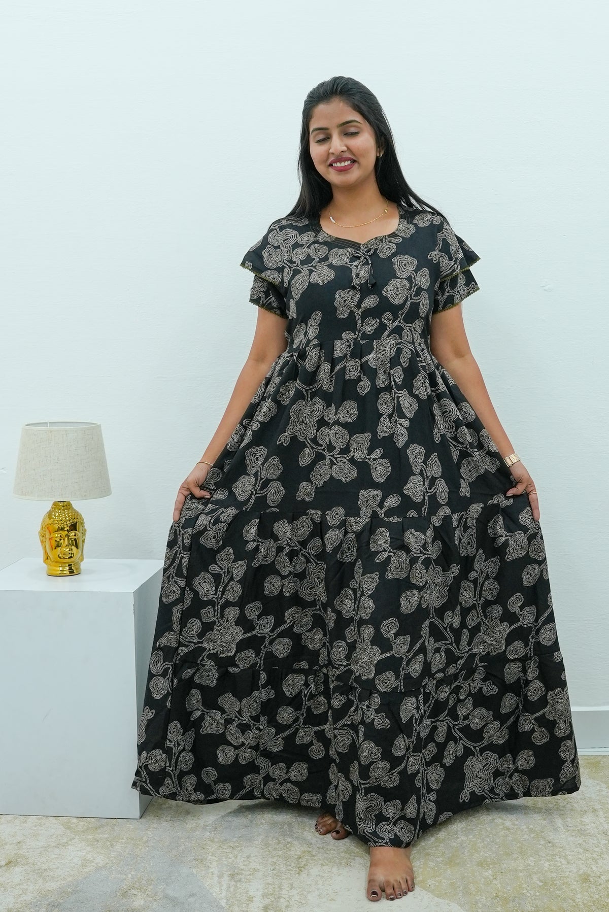 Stylish Alpine 3 Layer Frock Model Nighties| Fancy Sleeves & Neck Pattern| Side Pocket with Back Tie Rope | Perfect Nightwear Trendy Women's (AFK)