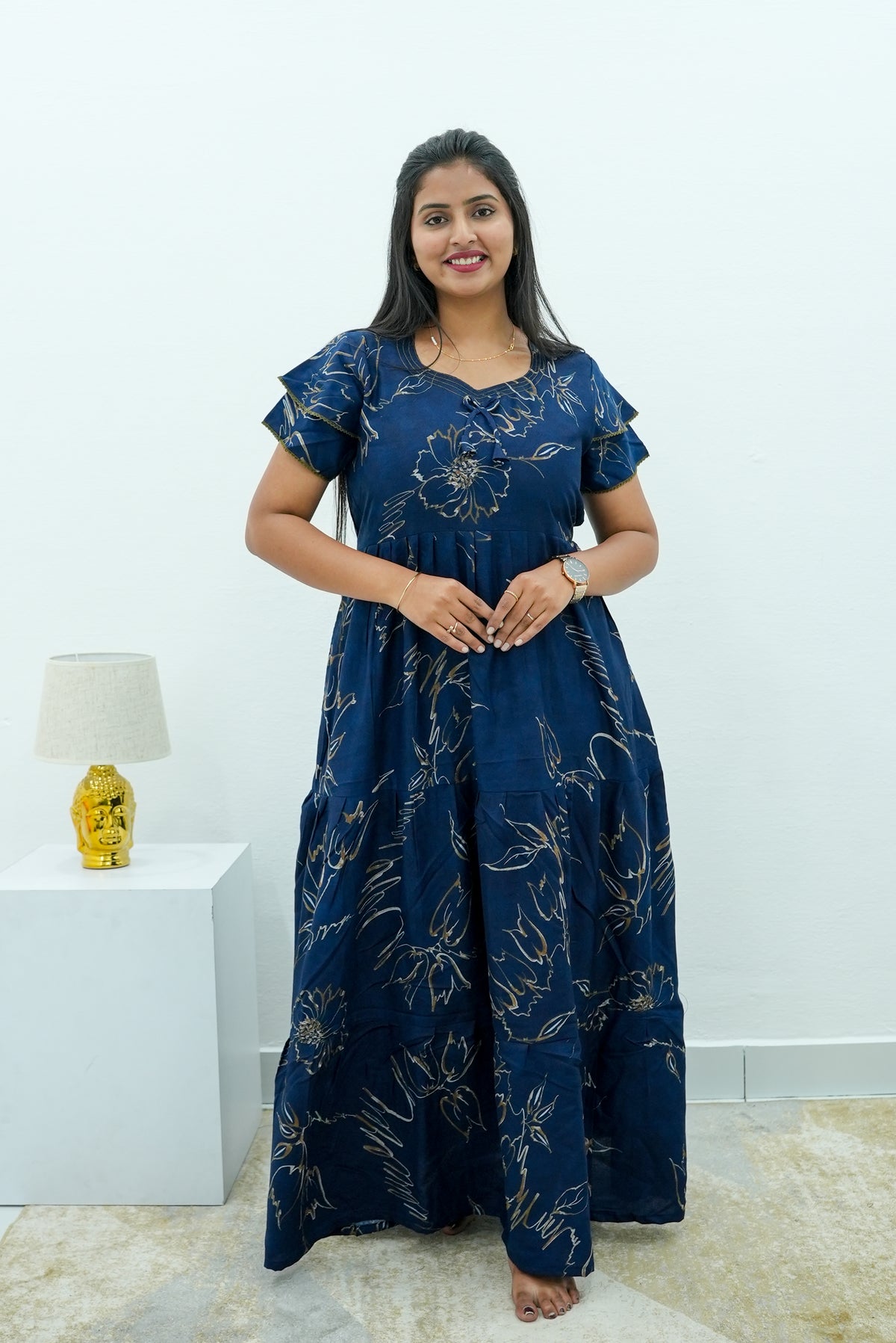 Stylish Alpine 3 Layer Frock Model Nighties| Fancy Sleeves & Neck Pattern| Side Pocket with Back Tie Rope | Perfect Nightwear Trendy Women's (AFK)