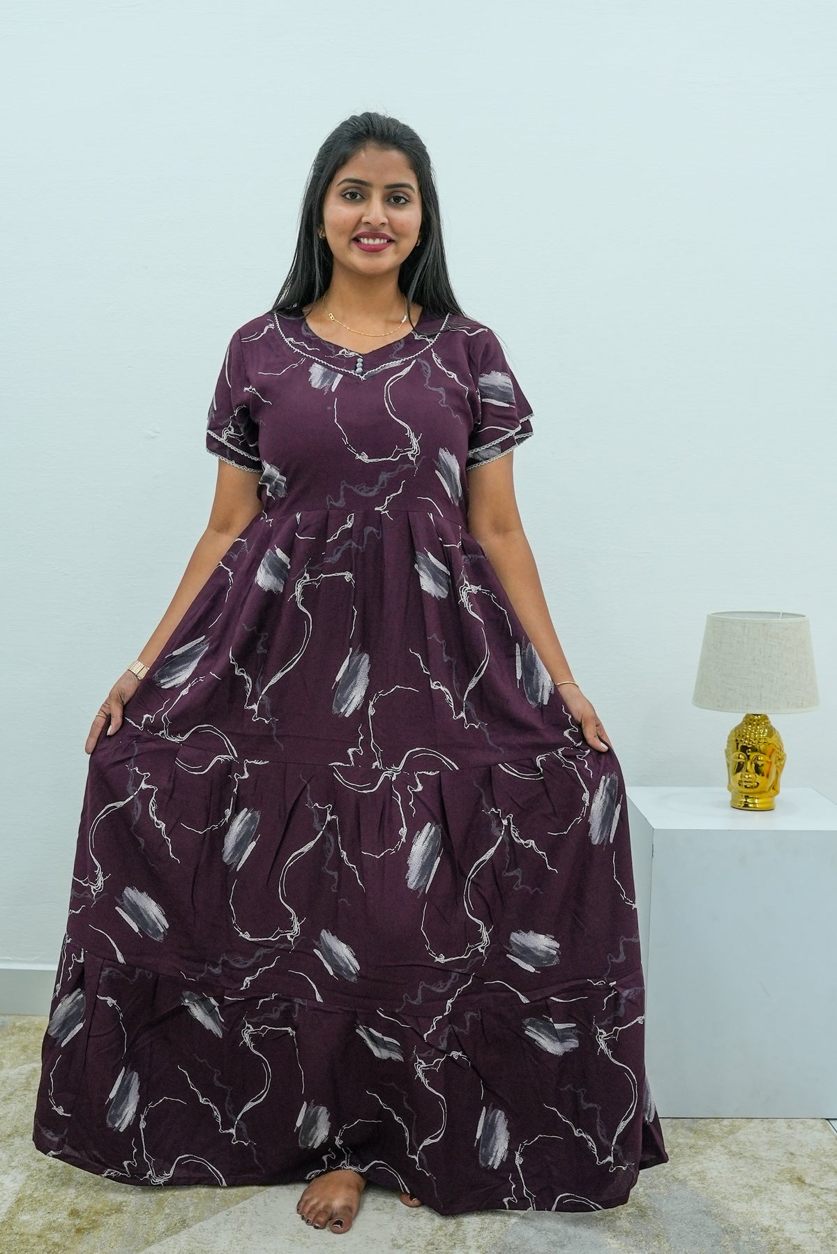 Stylish Alpine 3 Layer Frock Model Nighties| Fancy Sleeves & Neck Pattern| Side Pocket with Back Tie Rope | Perfect Nightwear Trendy Women's (AFK)