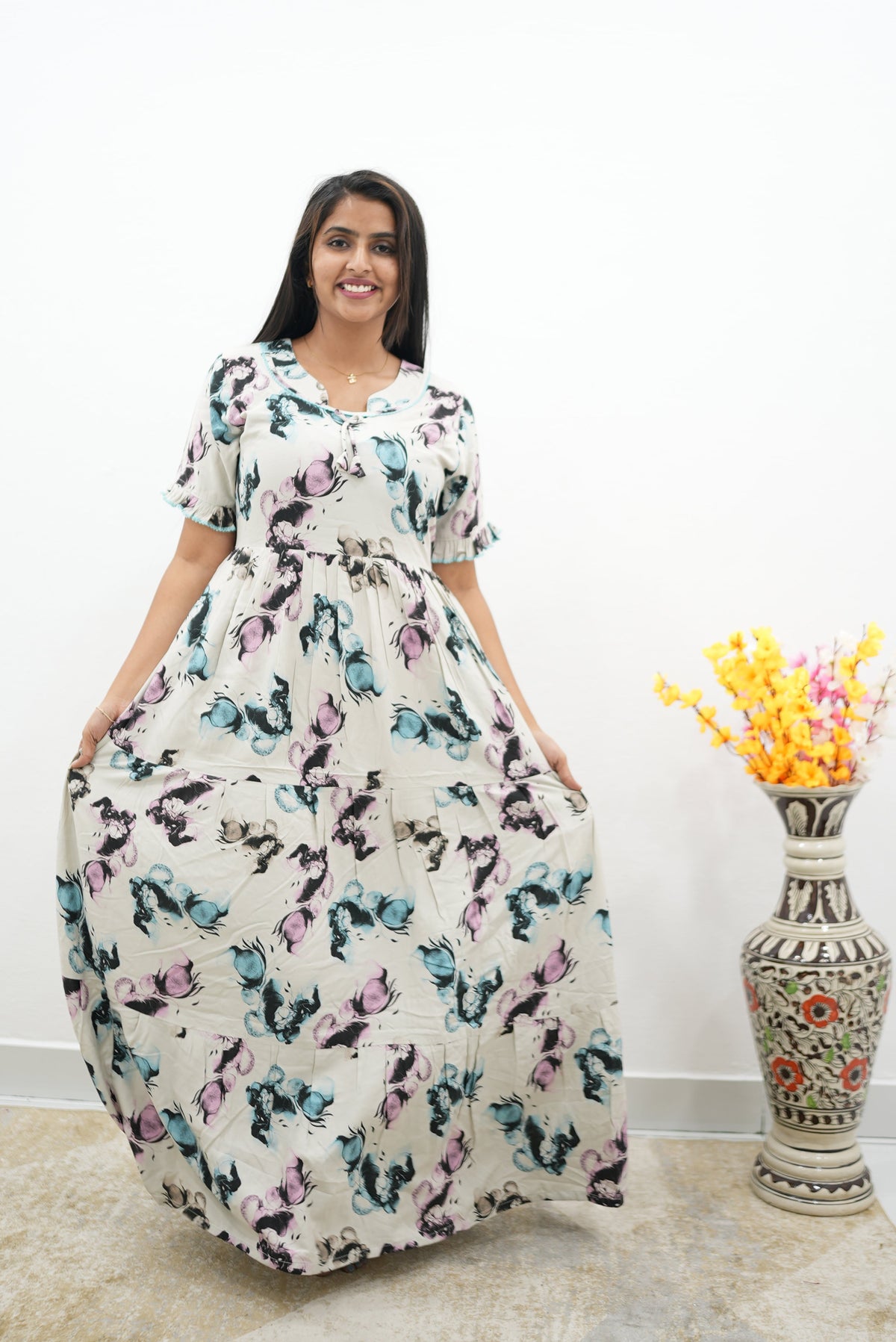 Mangai 3 Layer Flared Frock Model Nighties Soft and Smooth Premium Quality Rayon Material , Fancy Frilled Sleeve, Side Pocket , Back tie Rope , Stylish Collection's for Trendy Women's (MRK)