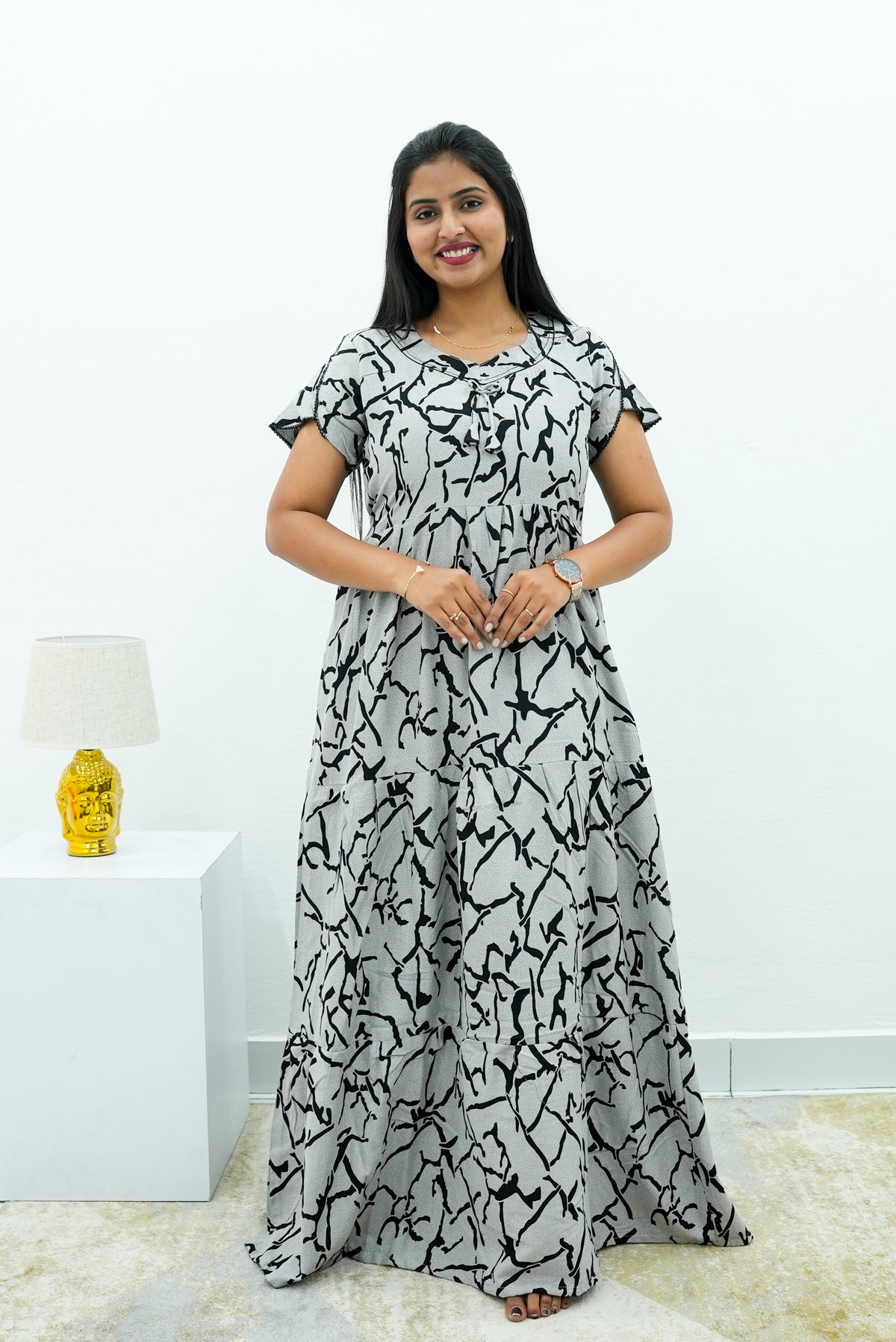 Stylish Alpine 3 Layer Frock Model Nighties| Fancy Sleeves & Neck Pattern| Side Pocket with Back Tie Rope | Perfect Nightwear Trendy Women's (AFK)