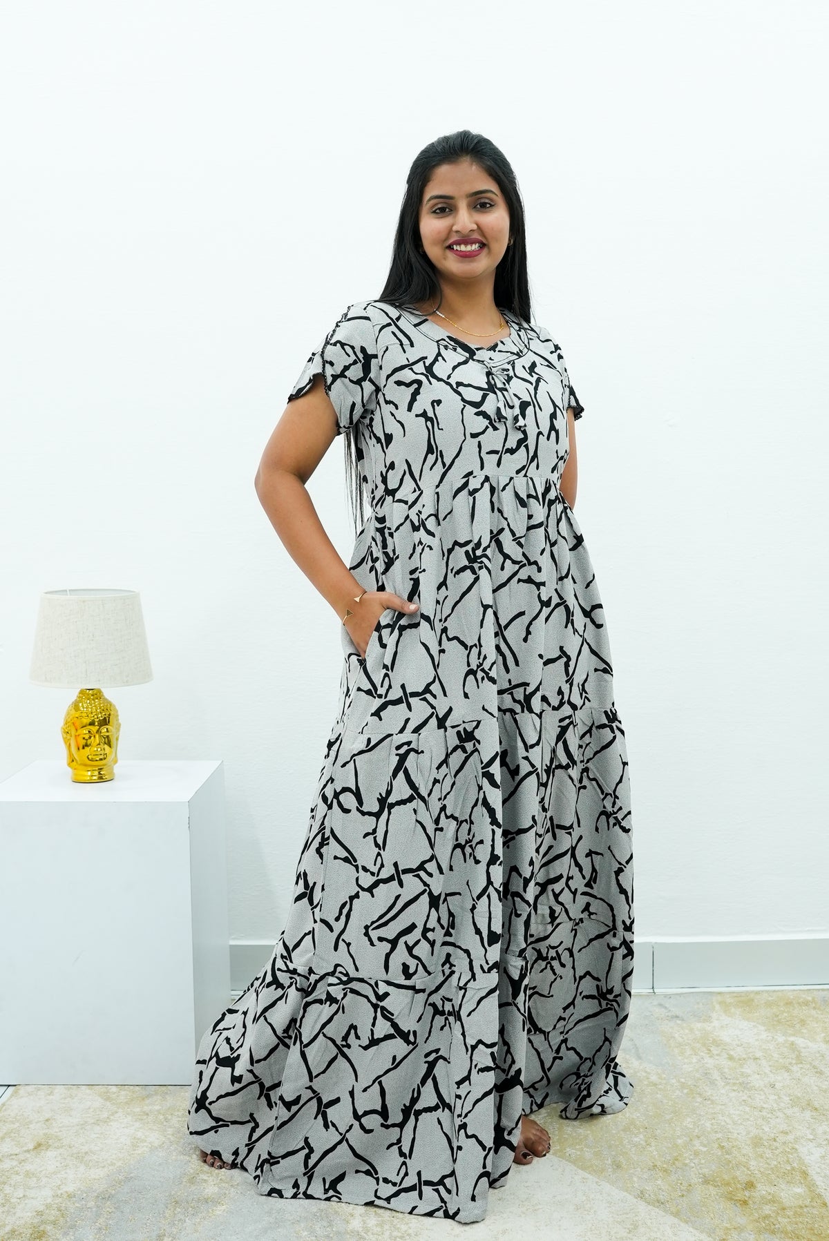 Stylish Alpine 3 Layer Frock Model Nighties| Fancy Sleeves & Neck Pattern| Side Pocket with Back Tie Rope | Perfect Nightwear Trendy Women's (AFK)