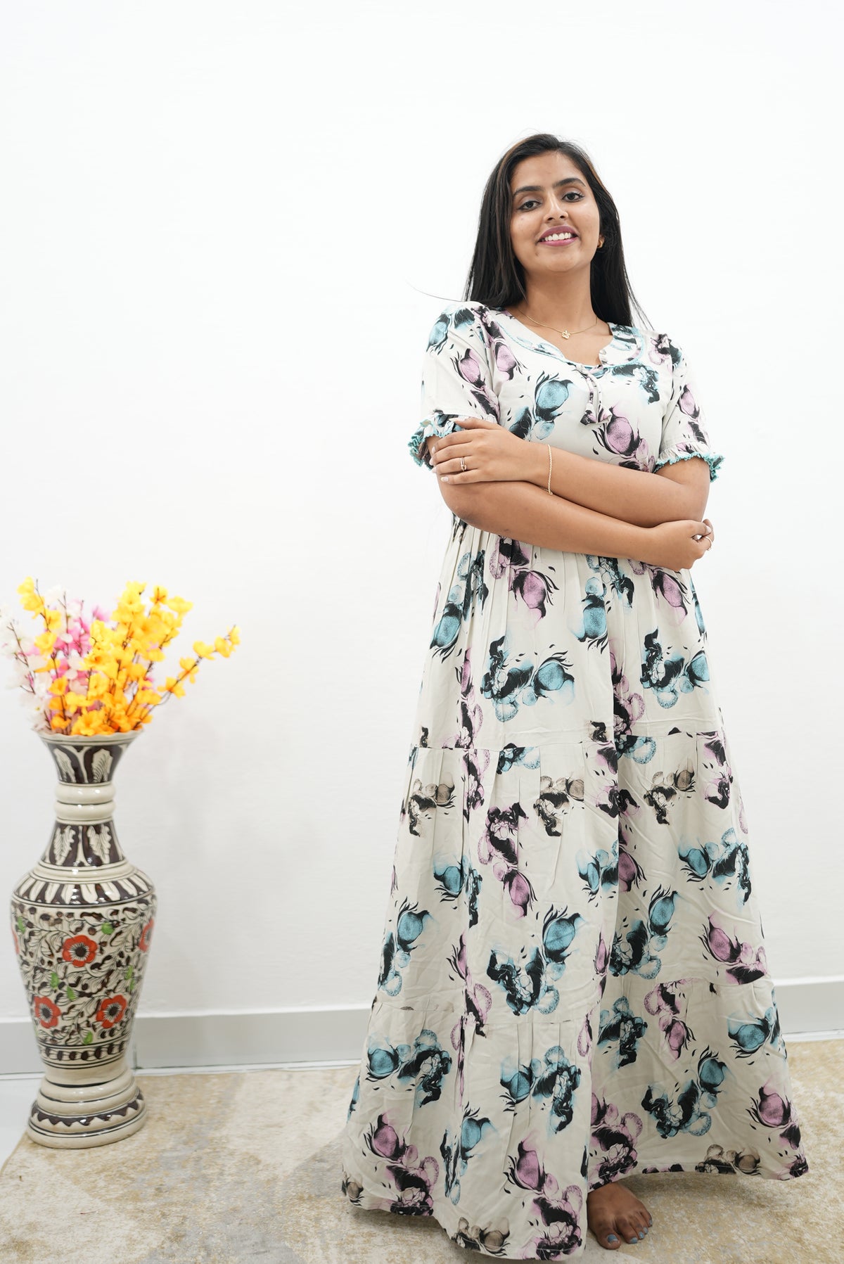 Mangai 3 Layer Flared Frock Model Nighties Soft and Smooth Premium Quality Rayon Material , Fancy Frilled Sleeve, Side Pocket , Back tie Rope , Stylish Collection's for Trendy Women's (MRK)