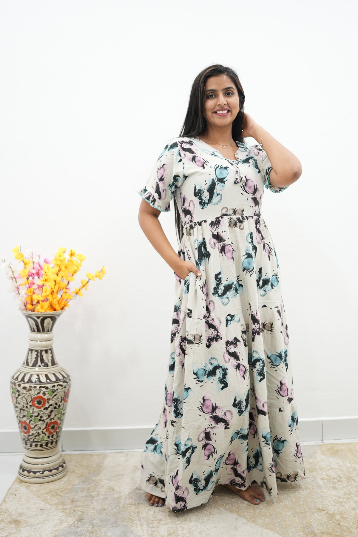 Mangai 3 Layer Flared Frock Model Nighties Soft and Smooth Premium Quality Rayon Material , Fancy Frilled Sleeve, Side Pocket , Back tie Rope , Stylish Collection's for Trendy Women's (MRK)